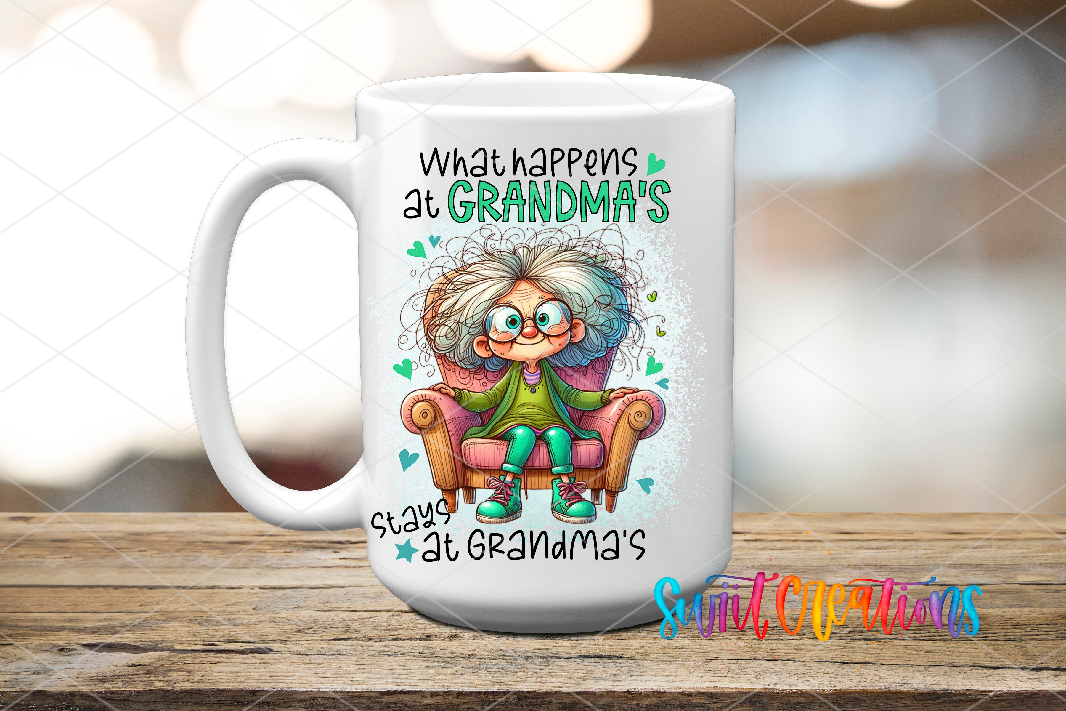 A white ceramic mug with a cartoon illustration of a person sitting in a chair, surrounded by various objects, and text that reads "What happens at Grandma's".