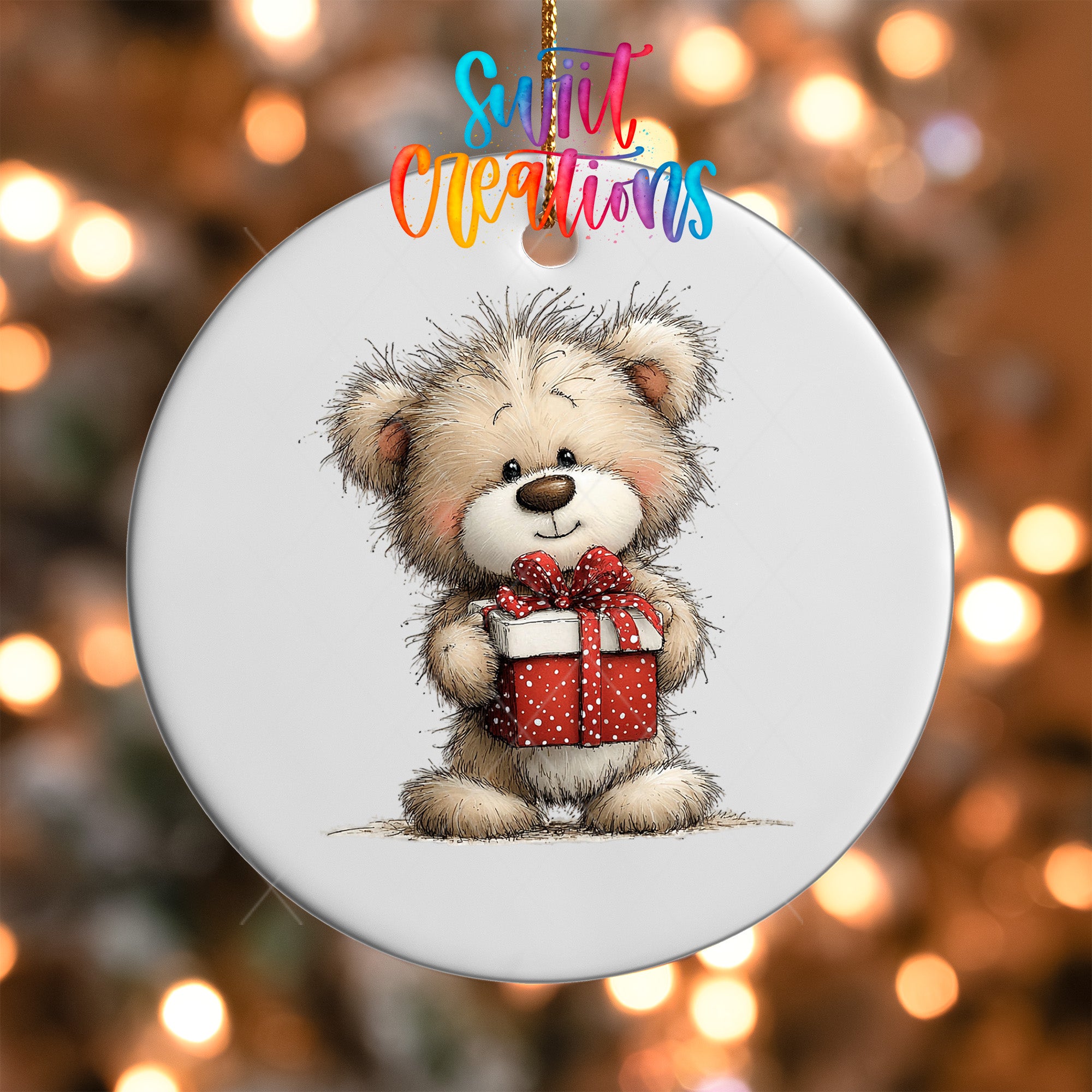 A white ornament with a teddy bear holding a red gift box, set against a blurred background with colorful lights.