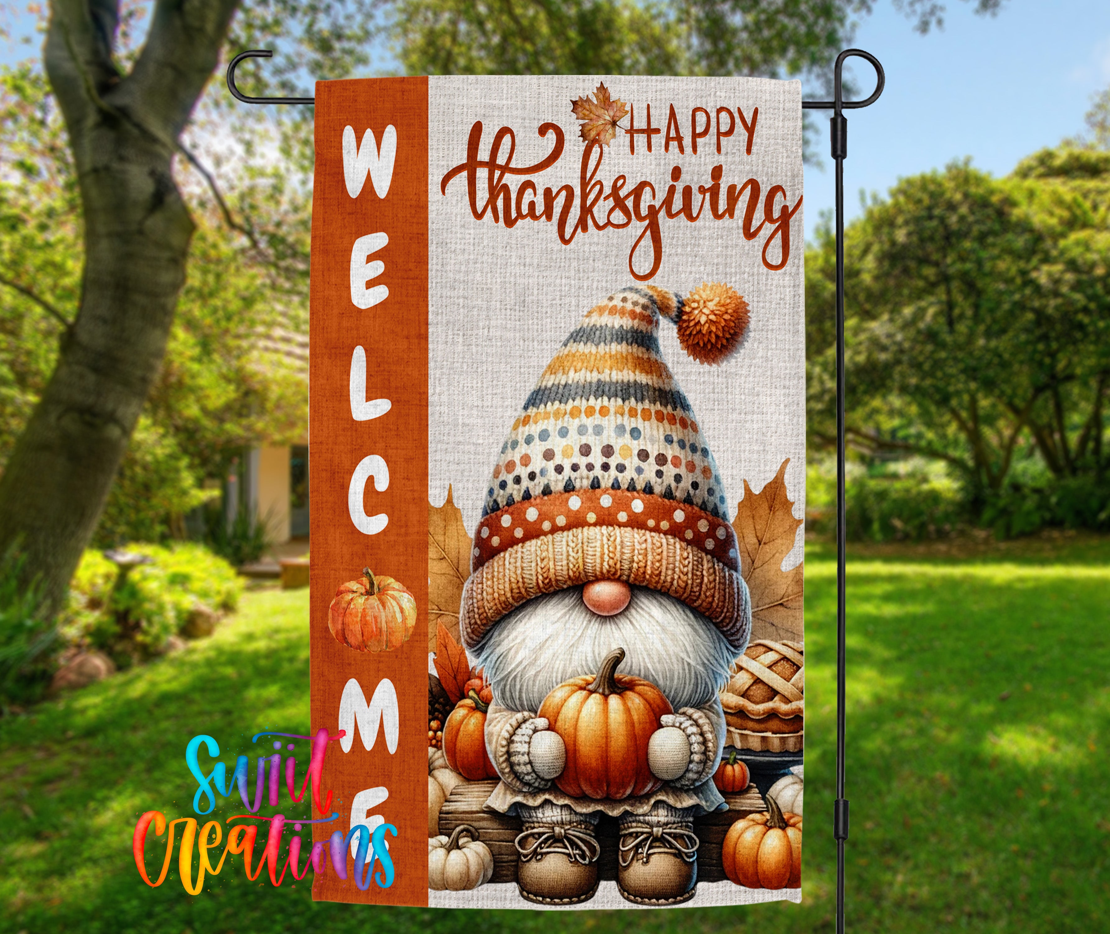 A welcome sign featuring a gnome holding a pumpkin and surrounded by autumn leaves, with the text "Happy Thanksgiving" displayed on the sign.
