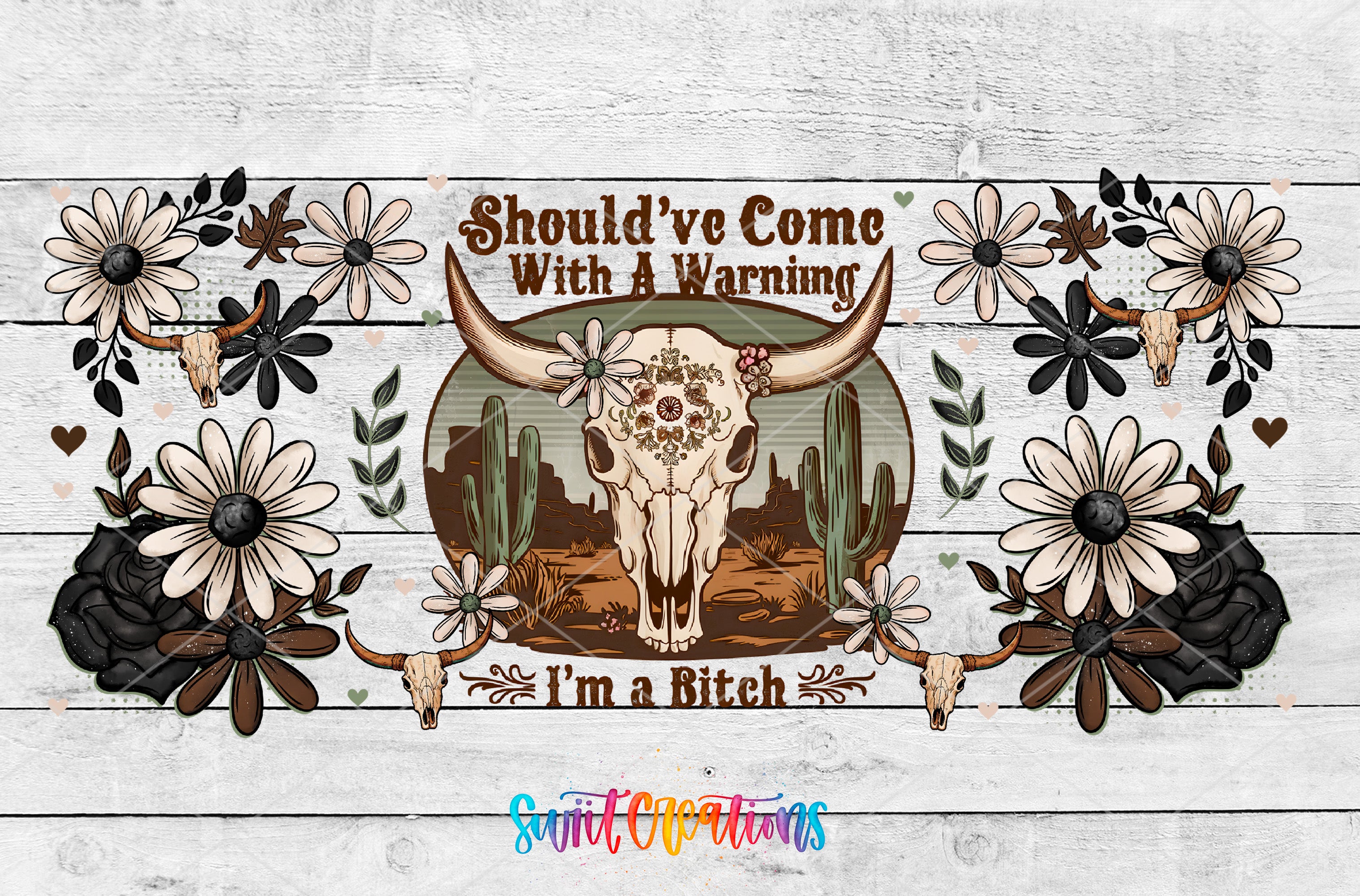 a stylized illustration of a skull with horns surrounded by various floral and natural elements, including cacti and flowers, against a wooden background.