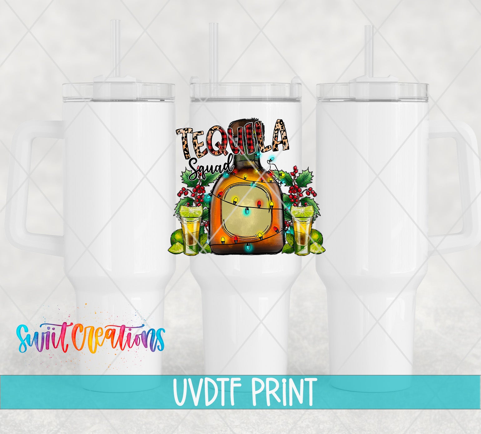 a white ceramic mug with a tequila-themed design, including a bottle of tequila, a lime, and a shot glass. The mug is set against a light gray background, and there is text at the bottom of the image that reads "UVDF PRINT".