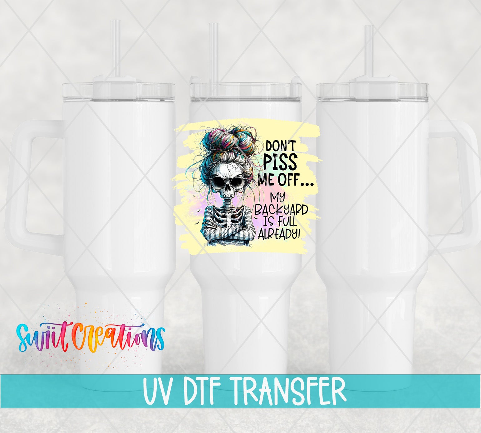 The image is a UV DFT (Volumetric Data Transfer) transfer of a white tumbler with a colorful skull design and text on it.