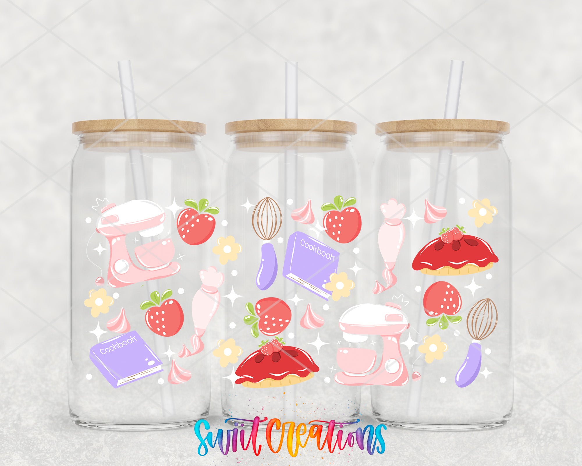 three glass tumblers with lids, each adorned with a variety of colorful illustrations related to cooking and baking.