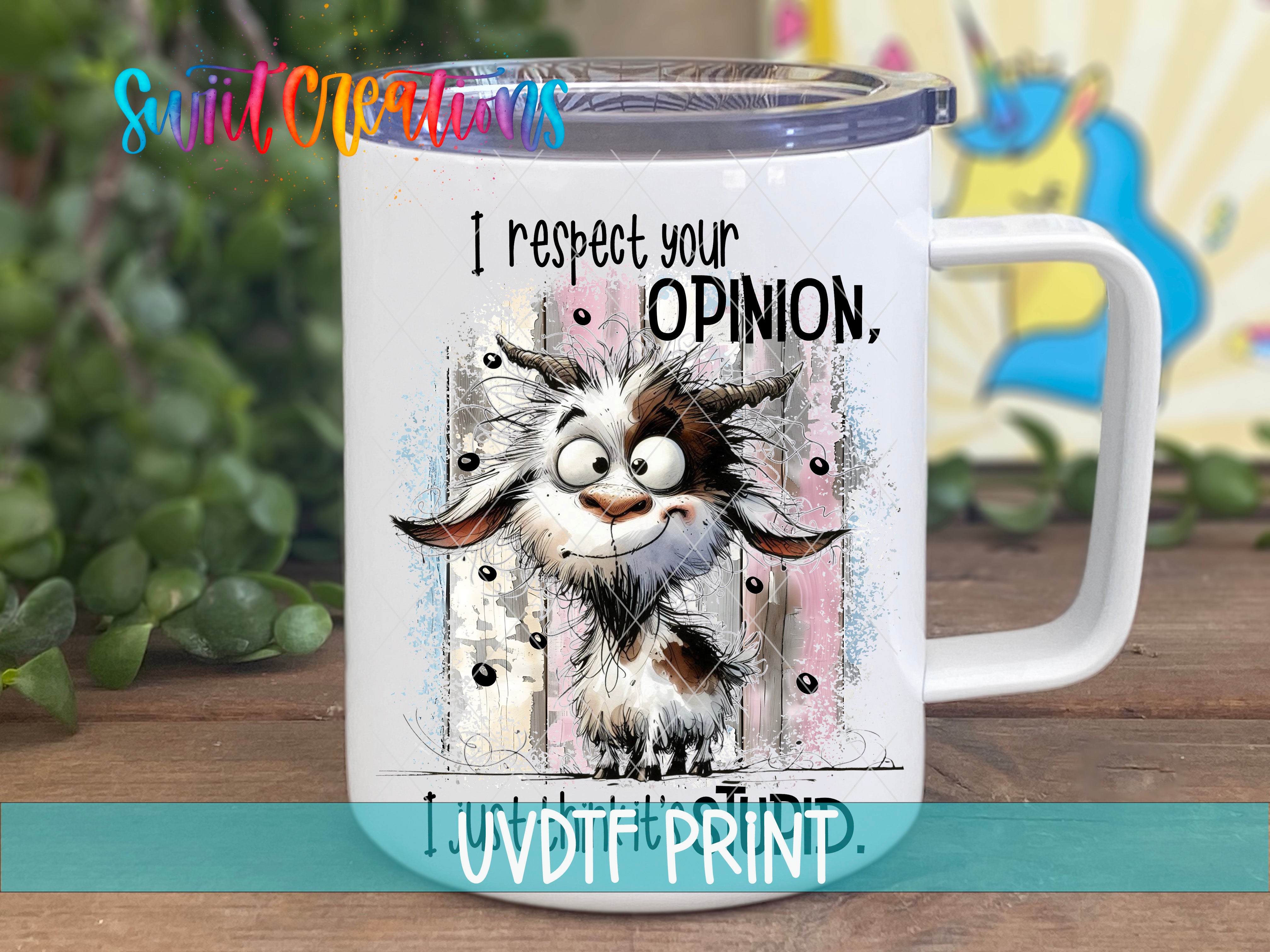 A white mug with a cartoon goat design and text printed on it.