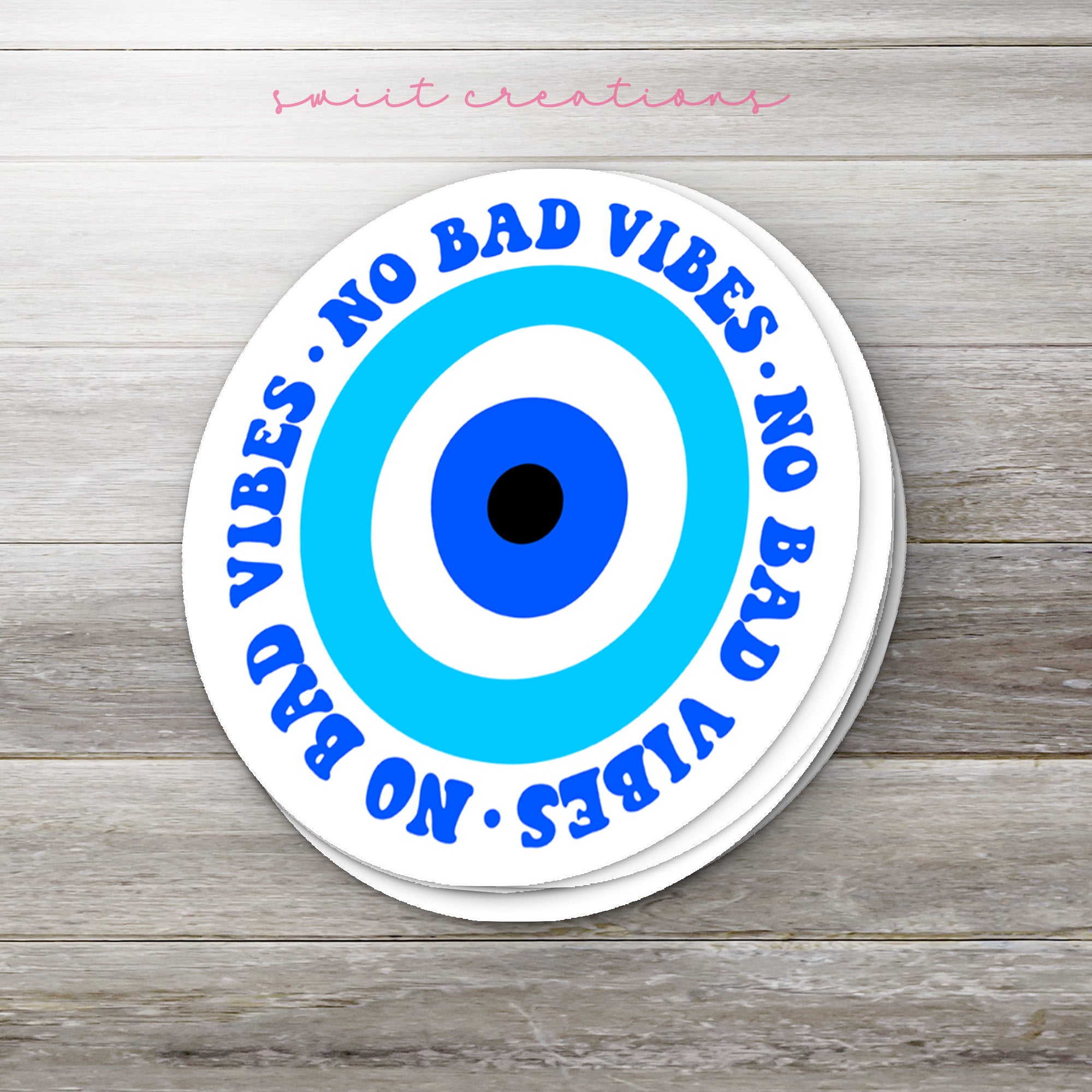 there is a sticker with a blue eye on it