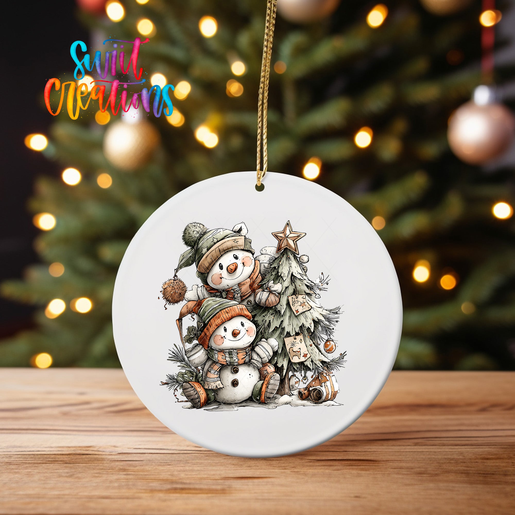 A white oval ornament featuring two cartoon snowmen sitting under a Christmas tree, with a star on top, is hanging from a string.