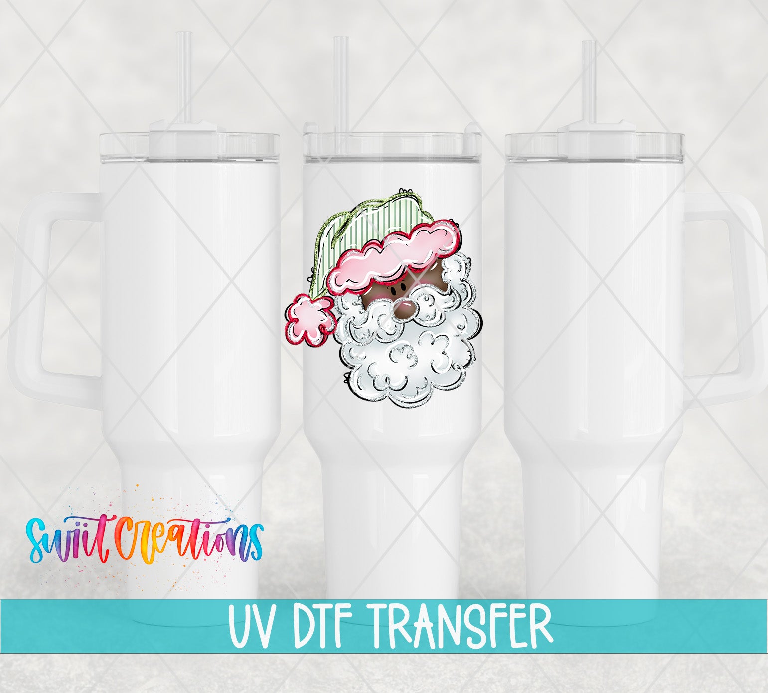 three white tumblers with a colorful Santa Claus design on the front, along with the text "UV Dtf Transfer" and "Switc Productions" written below.