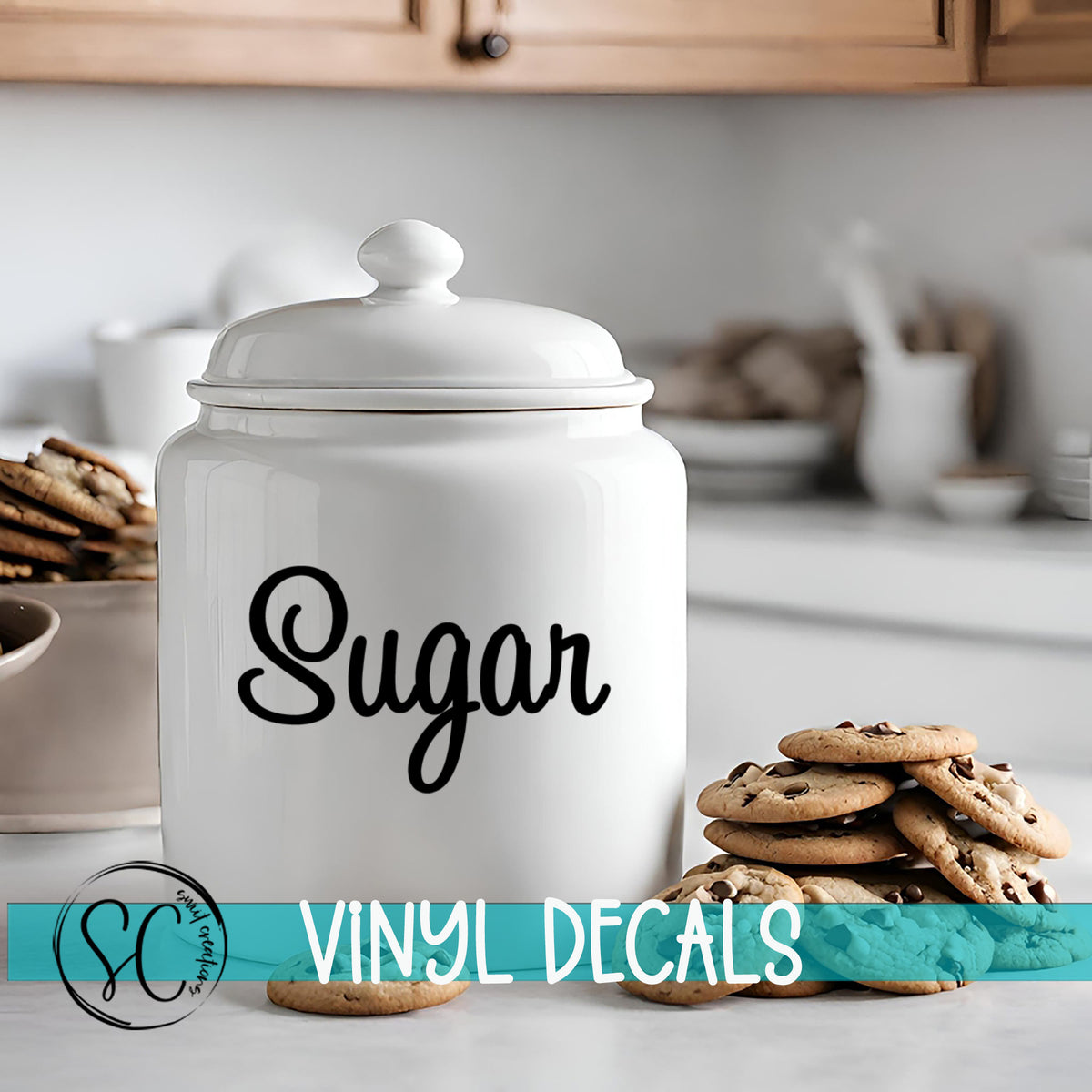 a cookie jar sitting on top of a counter next to cookies