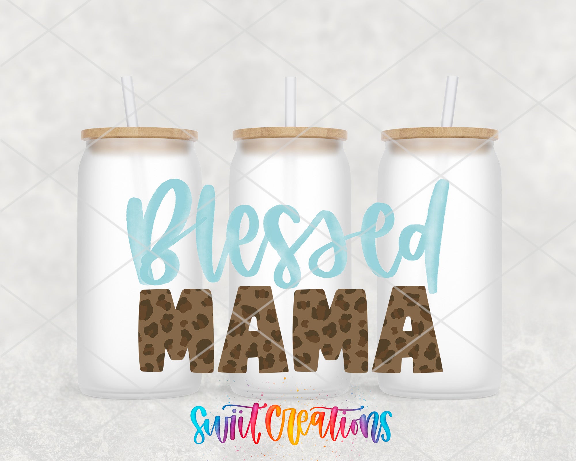 three white tumblers with leopard print text and straws, arranged in a row.