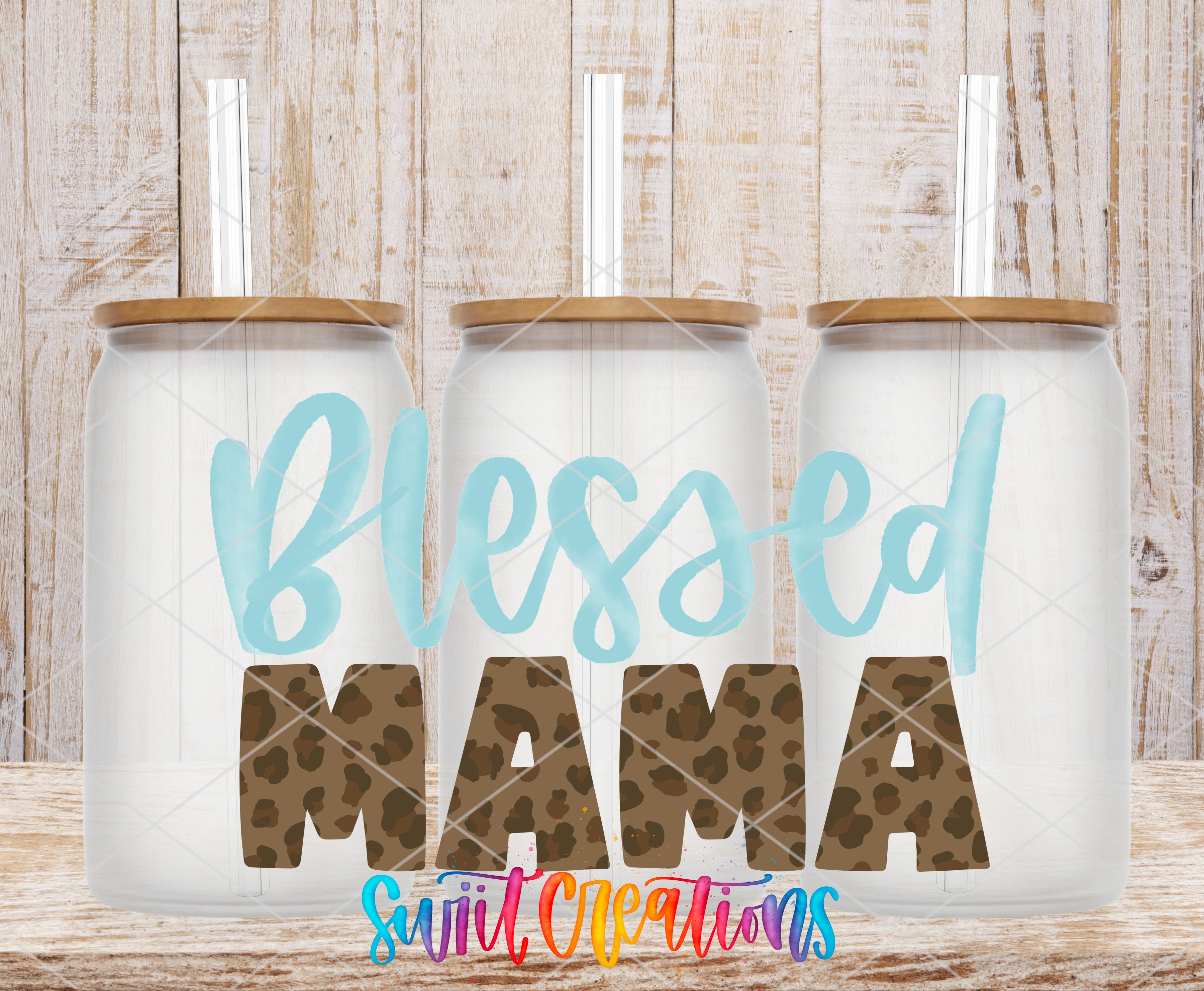 three clear glass tumblers with leopard print lids, arranged in a row. The text "Blessed MAMA" is written in a cursive font on the front of each tumbler.