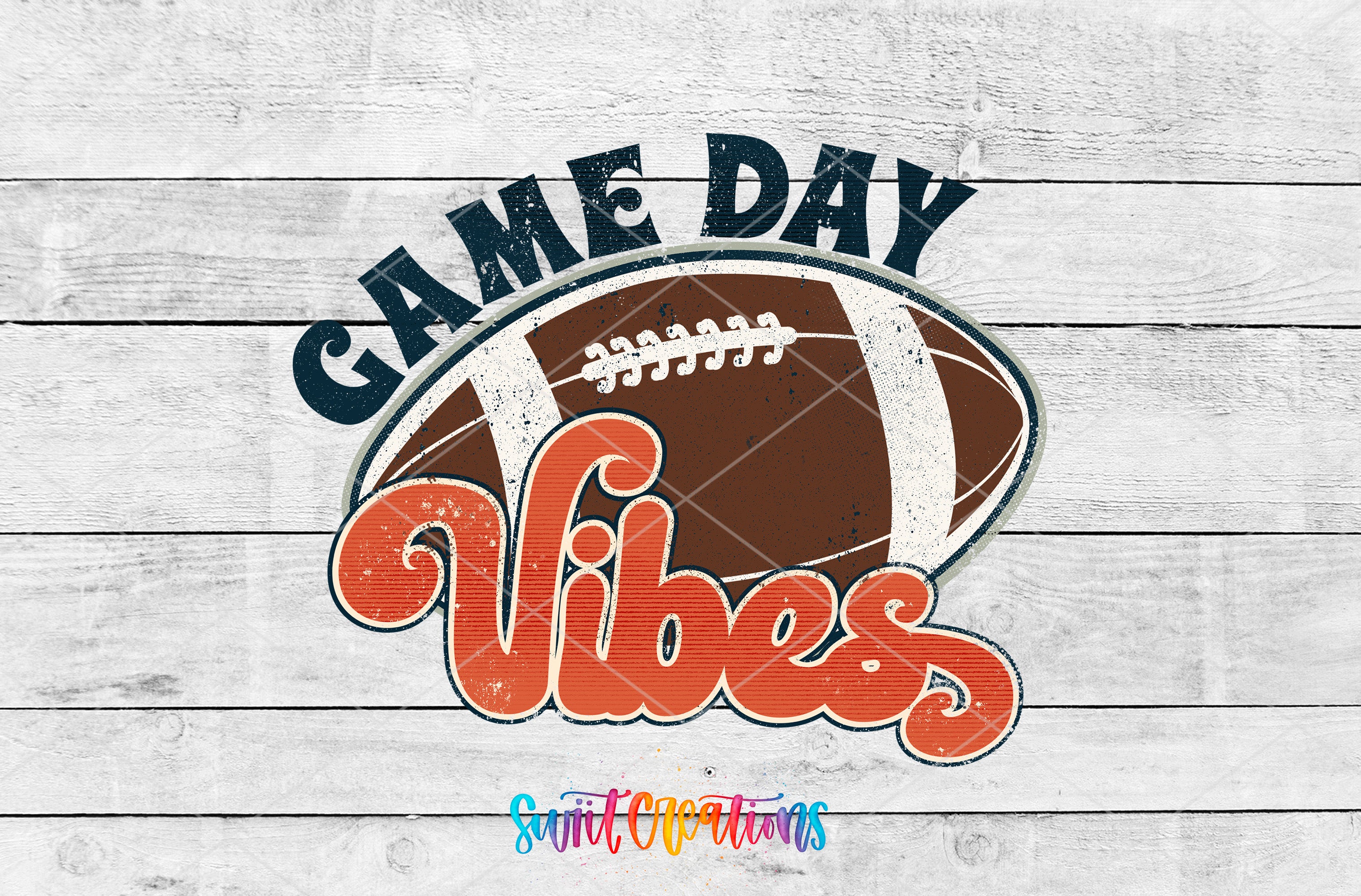 a football with the text "GAME DAY VIBES" written on it, set against a white wooden background.
