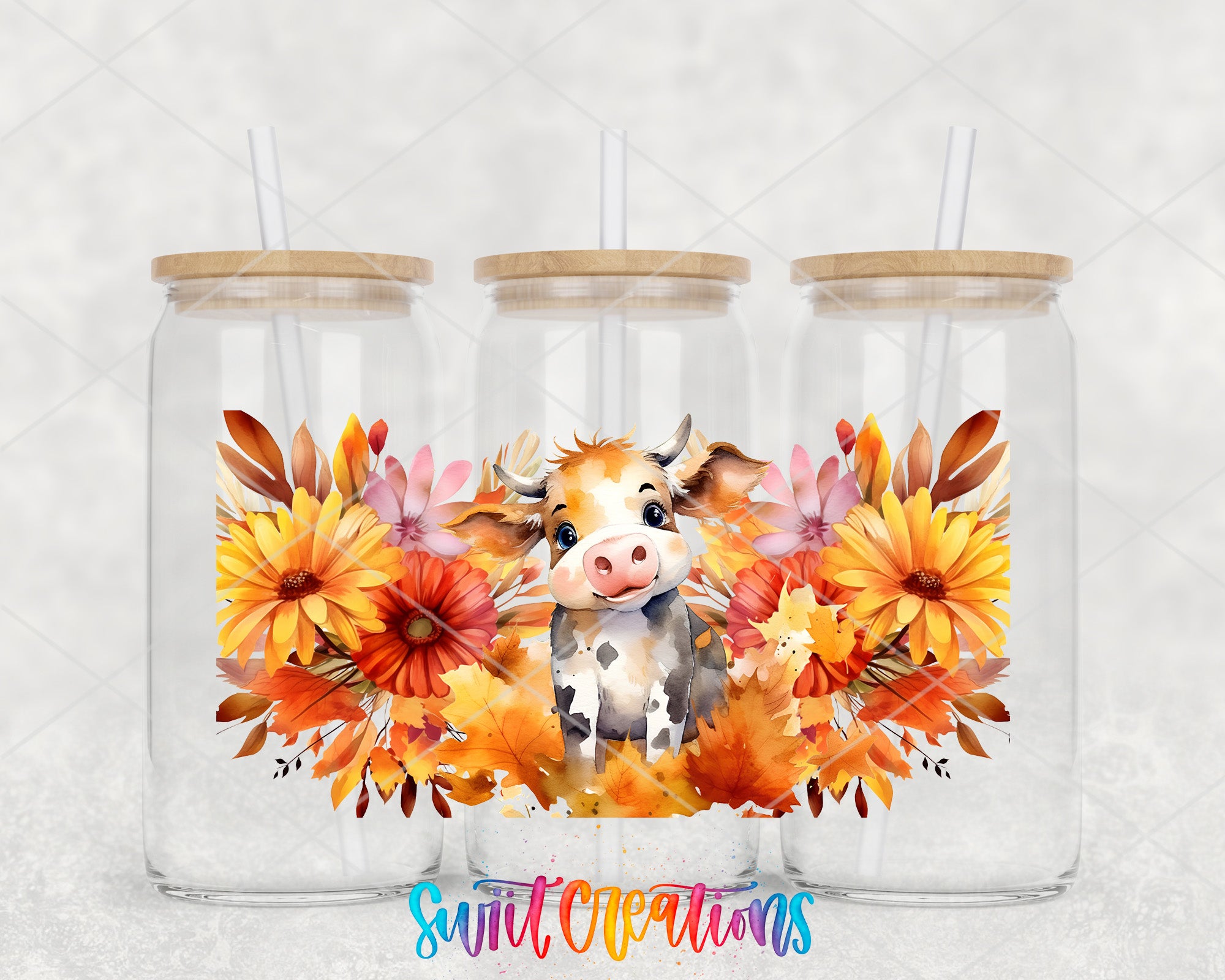 A collage of three glass jars with wooden lids, each containing a colorful arrangement of flowers and leaves. The jars are set against a white background, and the text "Sunt Creations" is visible in the image.