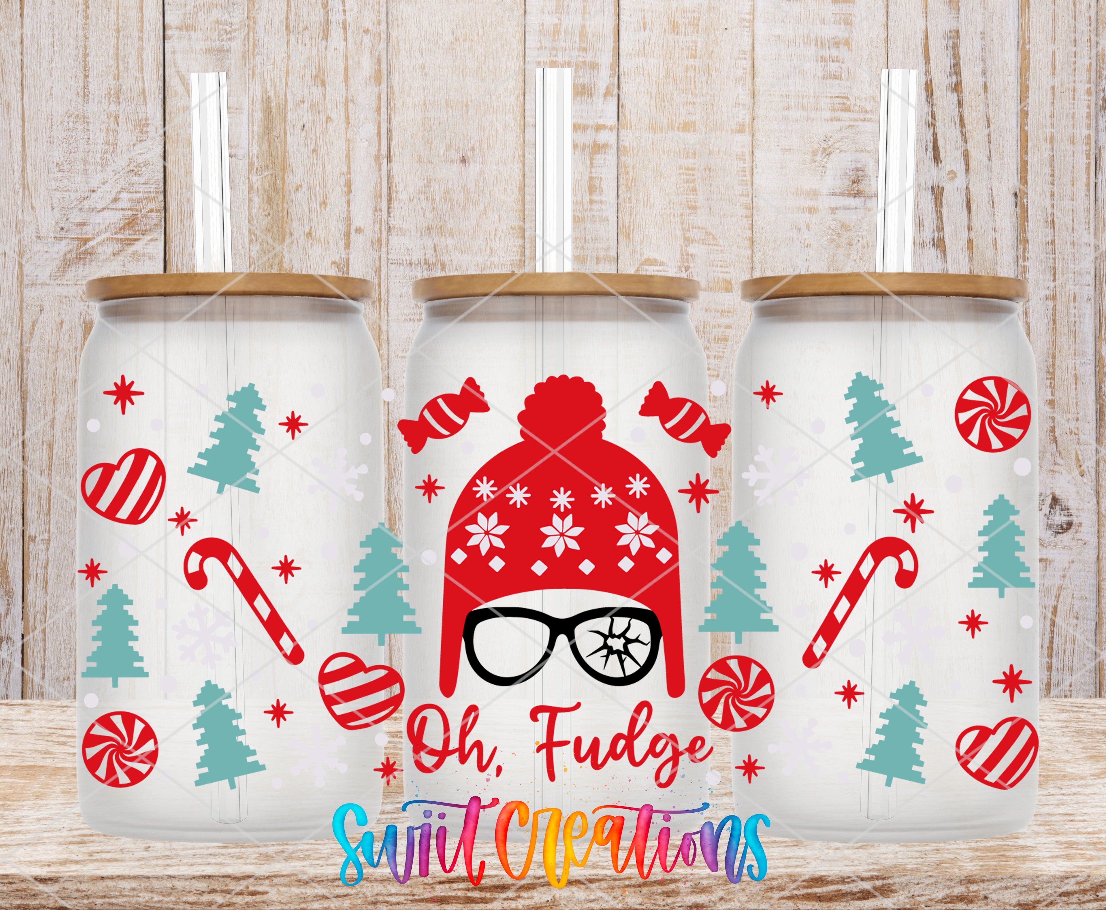 A collage of three glass tumblers with festive Christmas-themed designs, including candy canes, snowflakes, pine trees, and a red hat with glasses.