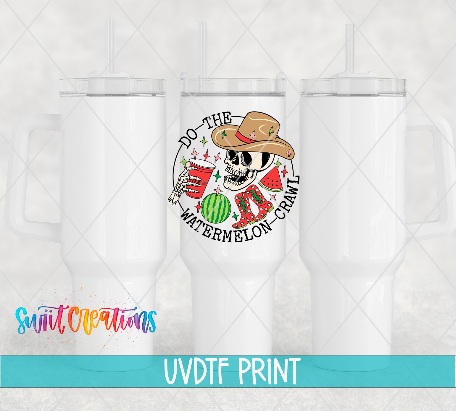 a white tumbler with a printed design on it, including a skull wearing a cowboy hat and holding a watermelon and a straw.
