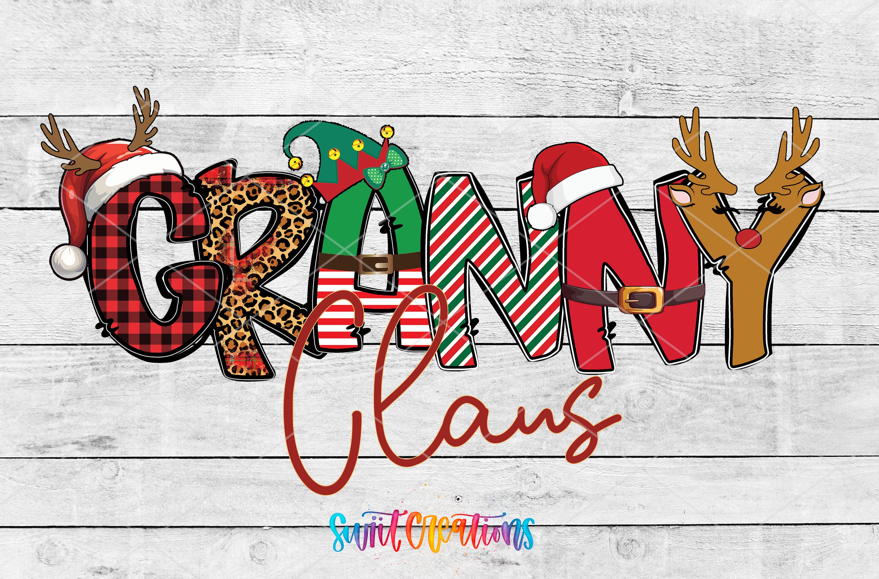 a creative and colorful design of the word "GRANNY" made up of various cartoon-style characters, including reindeer, Santa Claus, and other festive elements.