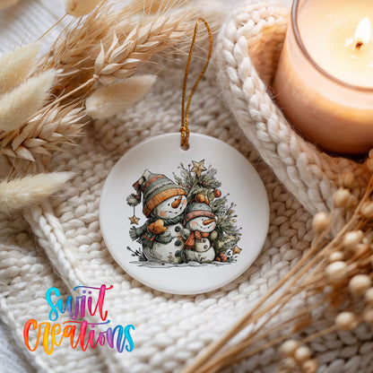 A ceramic ornament featuring two snowmen, one larger and one smaller, sitting together in a snowy scene. The ornament is hanging from a string and is placed on a white knitted blanket. There is a lit candle in the background, adding a warm glow to the scene.