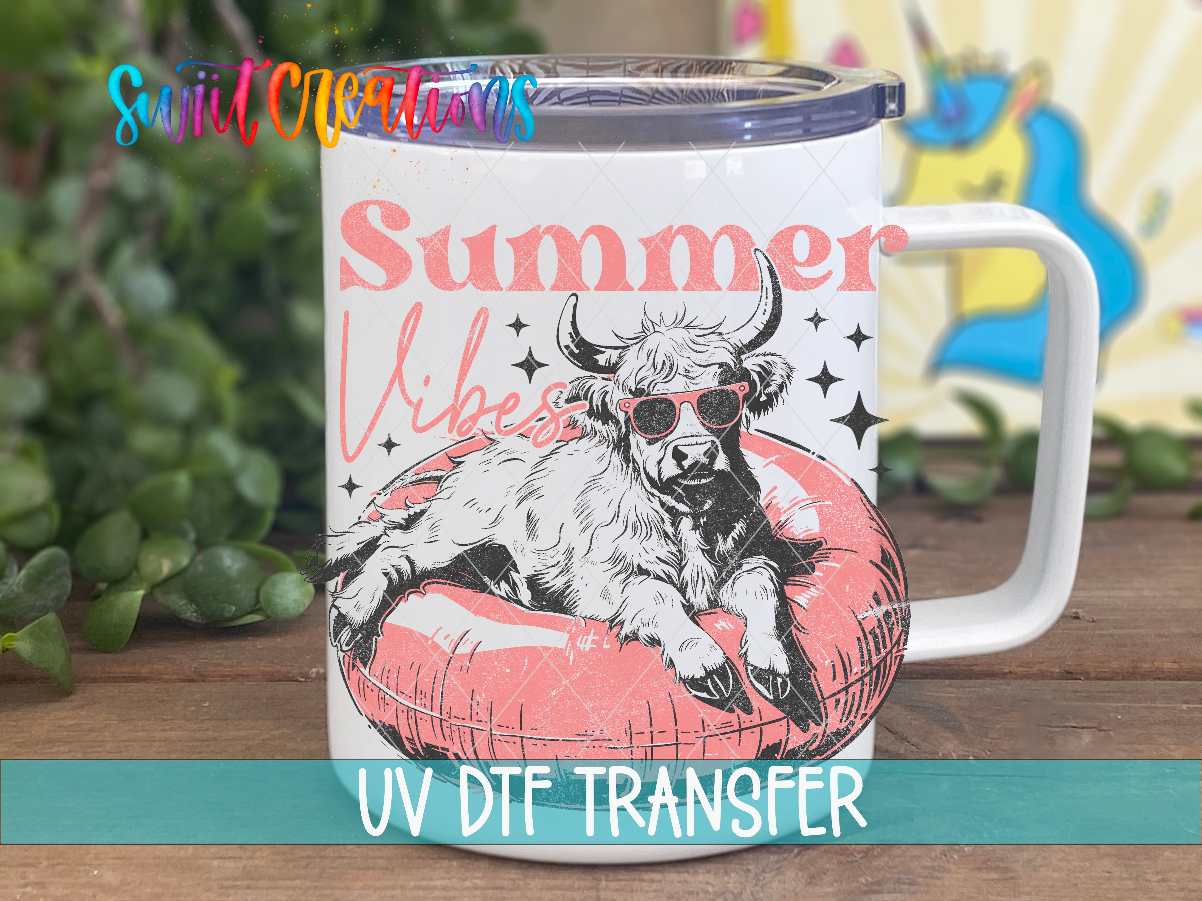 A mug with a cow wearing sunglasses and resting on a red inner tube, with the text "Summer Vibes" and "UV Dtf Transfer" printed on it.