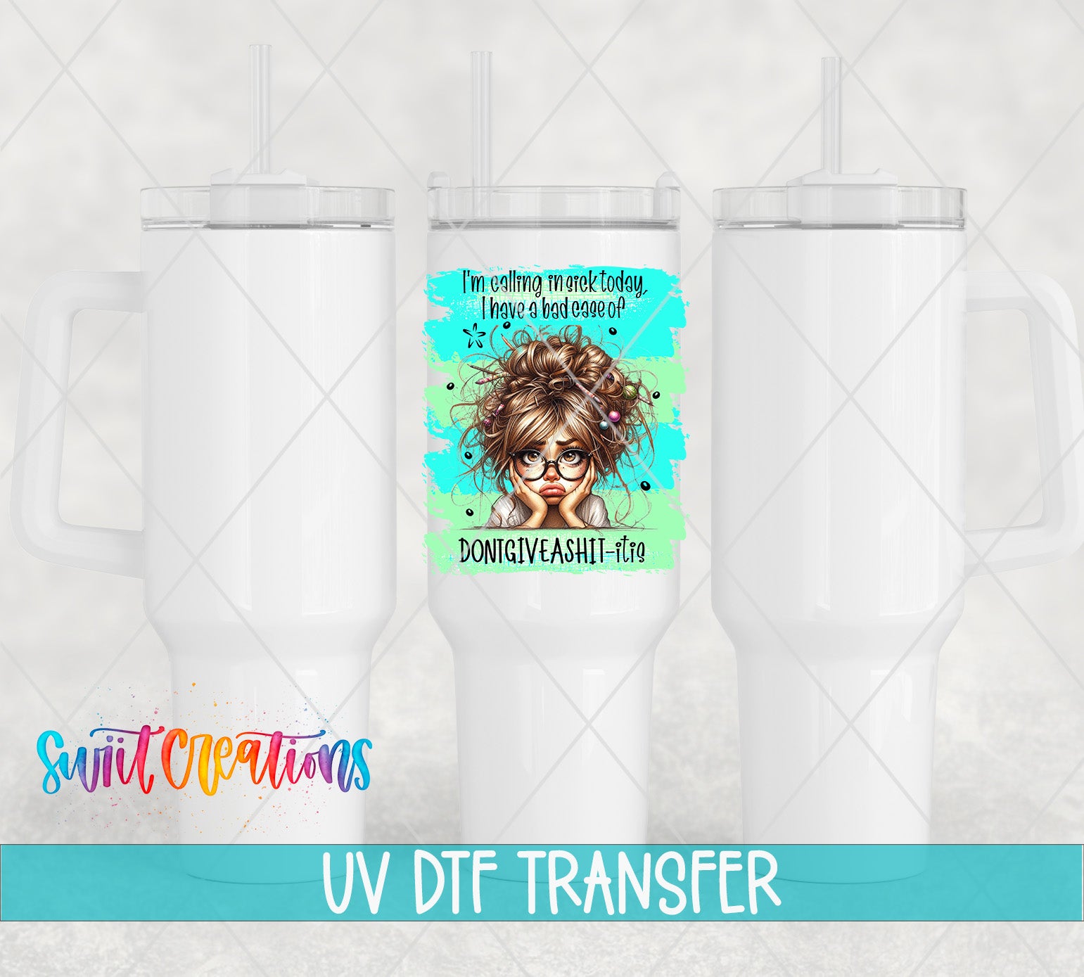 The image is a collage of three white tumblers with a colorful design featuring a woman's face and text.