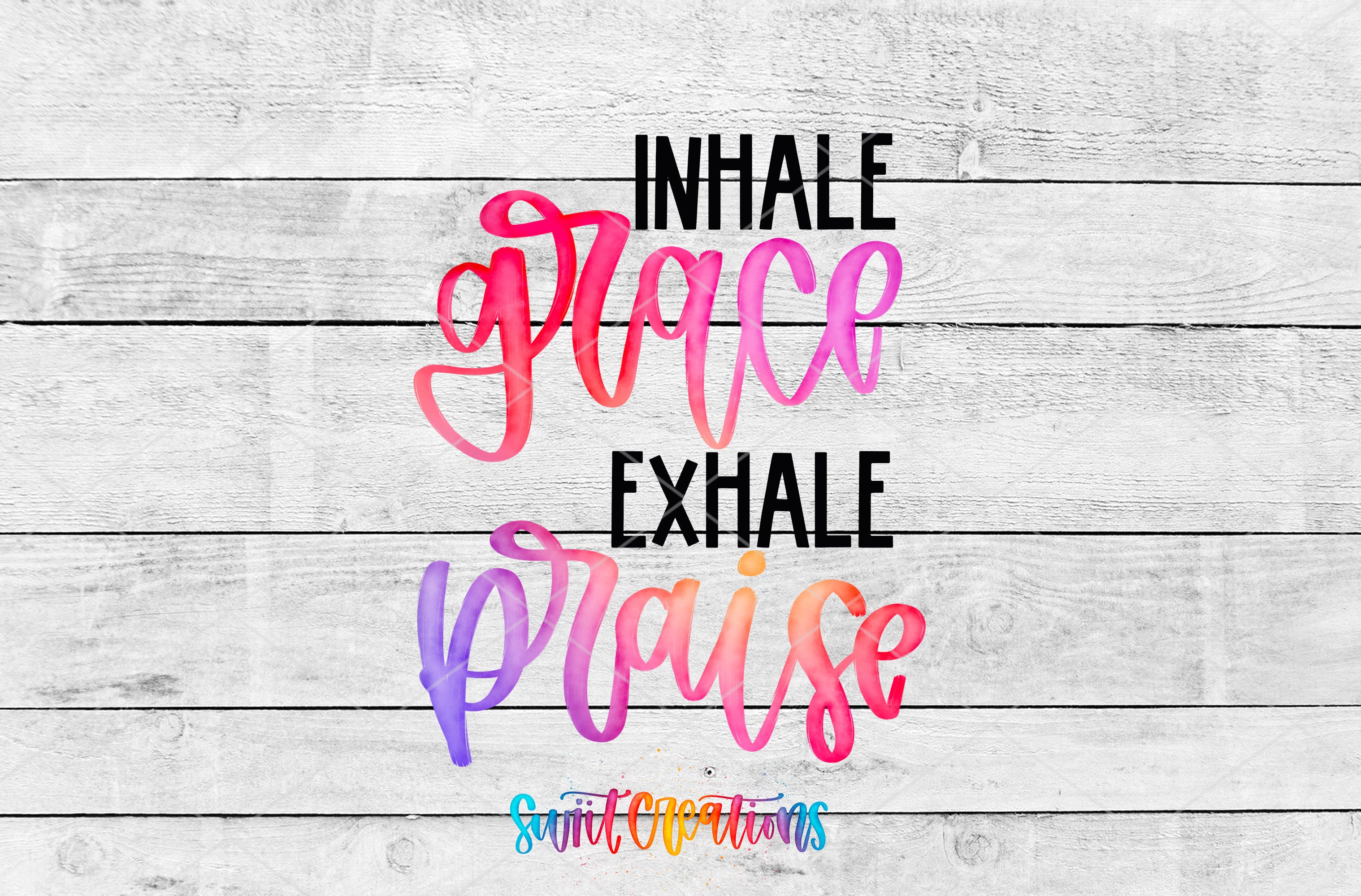 a colorful text overlay on a white wooden background.