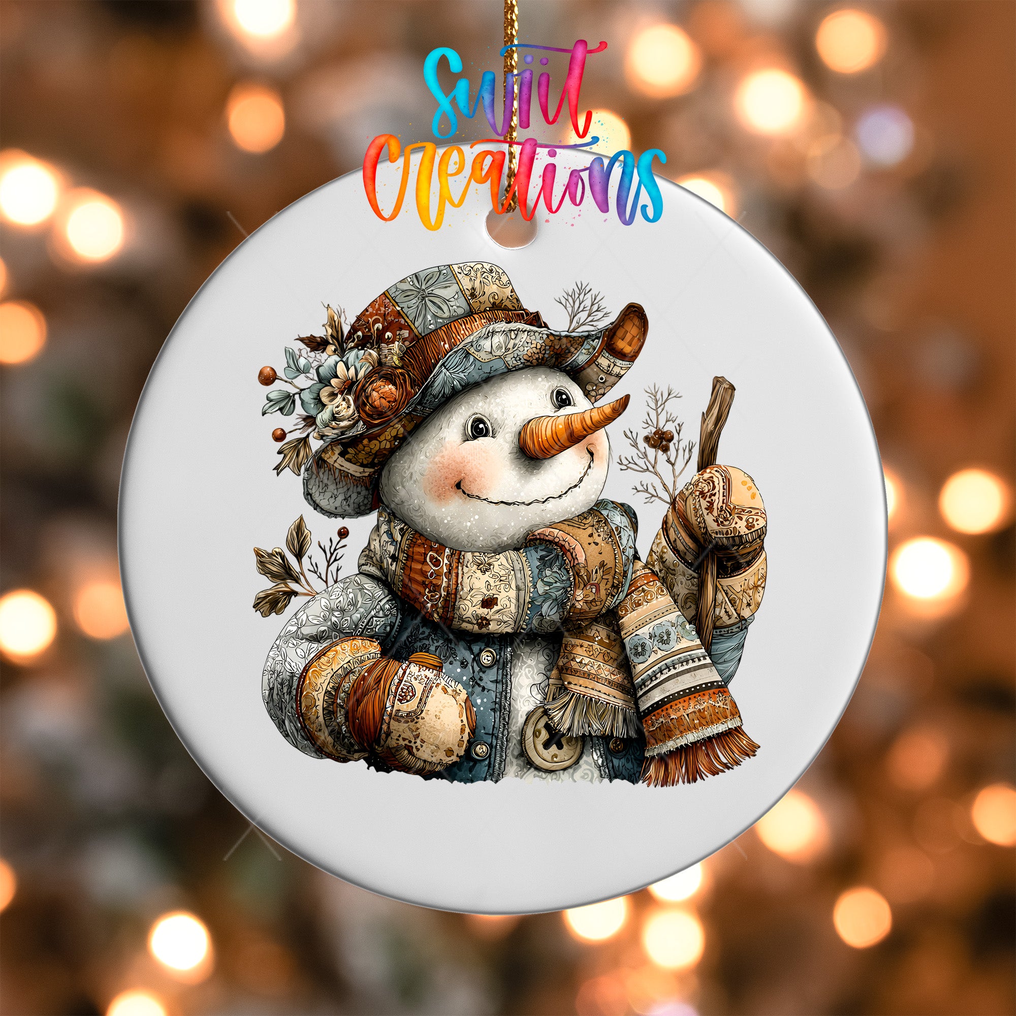 A snowman ornament with a colorful scarf and hat, holding a broom, is hanging against a background of twinkling lights.
