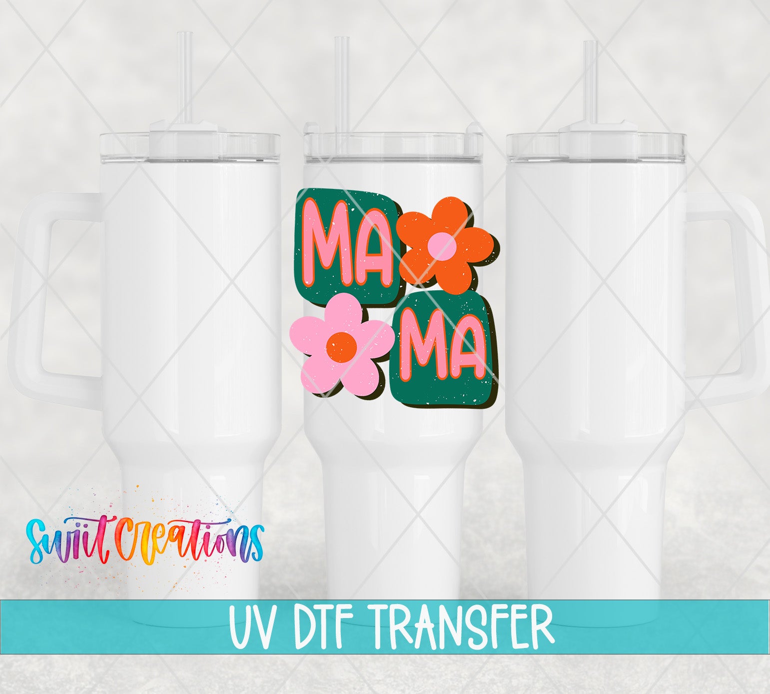 three white tumblers with colorful flower designs on them, along with text indicating a UV DFT (Digital Fabrication) transfer.