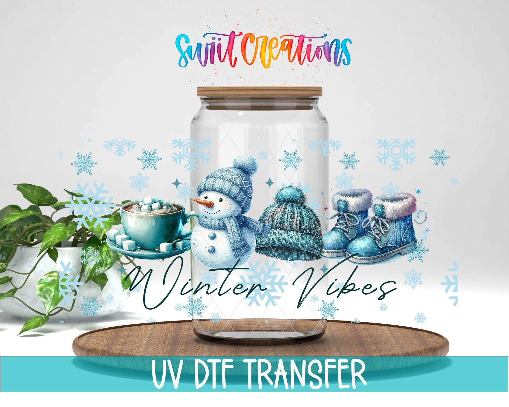 A glass jar containing a snowman, a pair of boots, and a cup of hot chocolate, surrounded by snowflakes and the text "Wintner Vibes" and "Swift Creations".