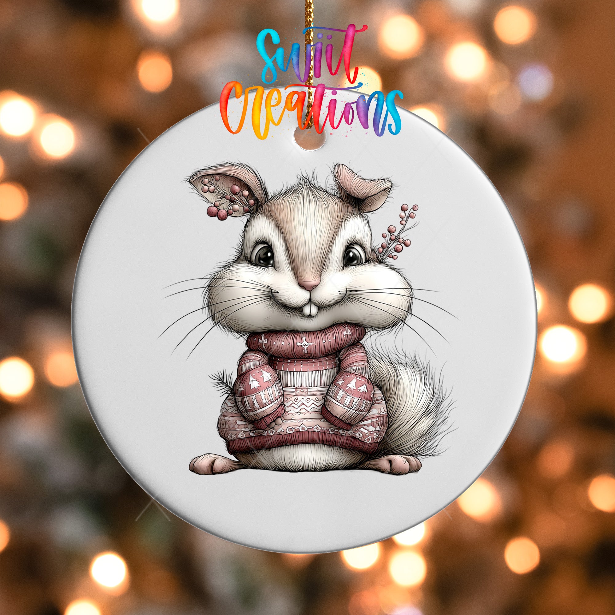 A ceramic ornament featuring a cute cartoon rabbit wearing a pink sweater and holding a small flower.