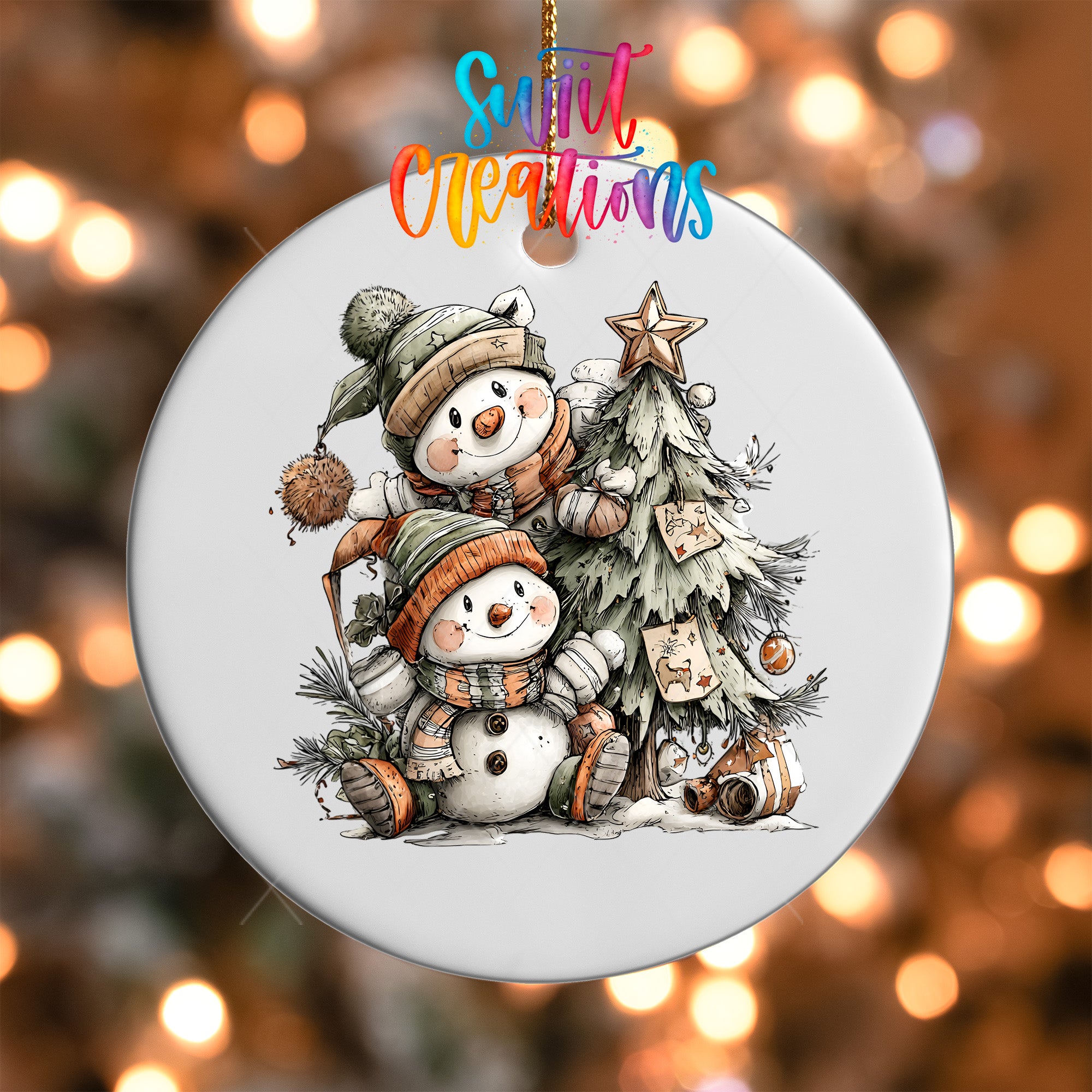A white ornament featuring two snowmen sitting under a Christmas tree, with a star on top of the tree.