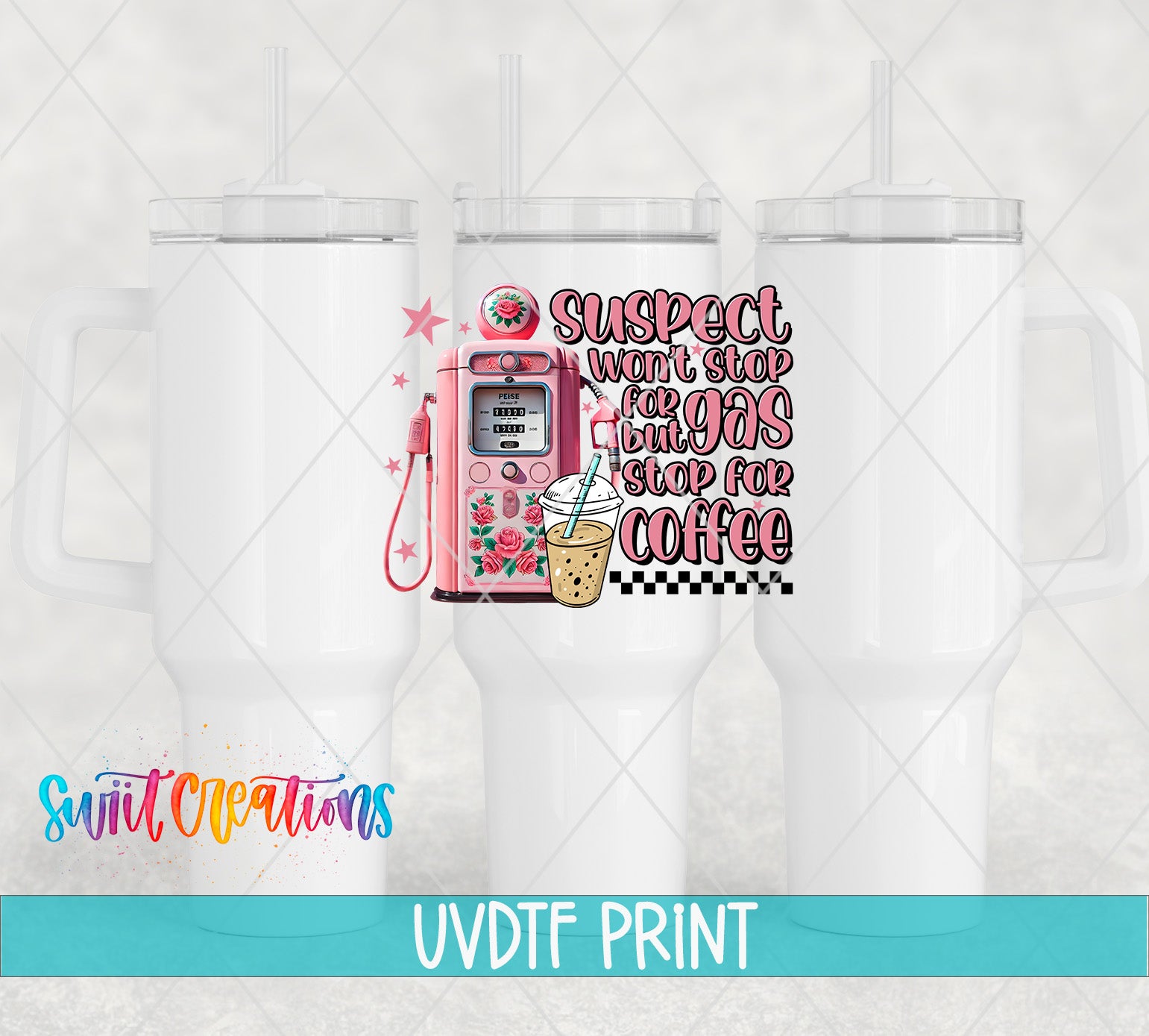 The image is a digital print featuring a pink gas pump with a cup of coffee on it, along with text that says "Suspect won't stop for gas but for coffee".