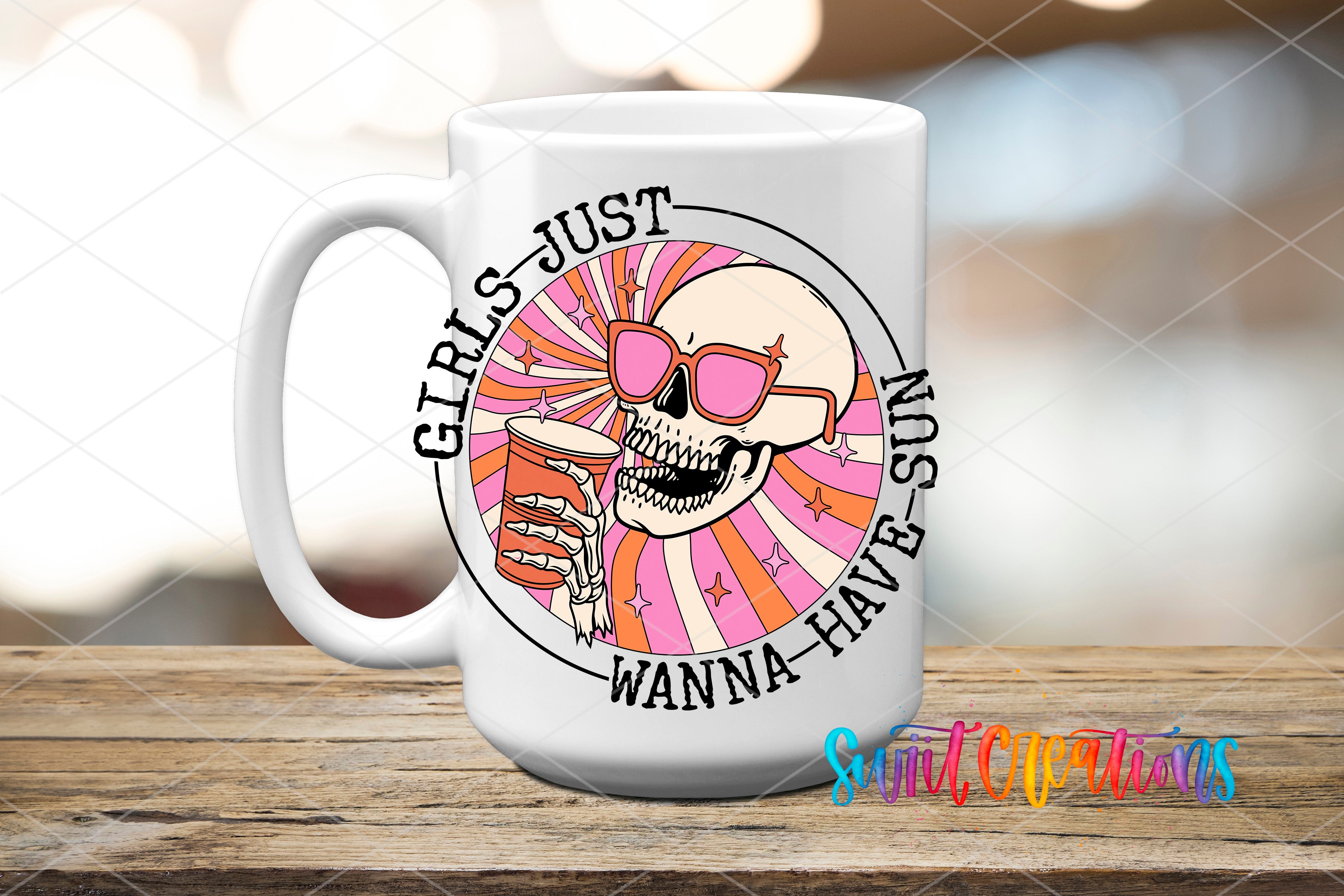 A white mug with a graphic design featuring a skull wearing sunglasses and holding a drink, surrounded by a circular pattern with the text "GIRLS JUST SUN WANNA HAVE S".