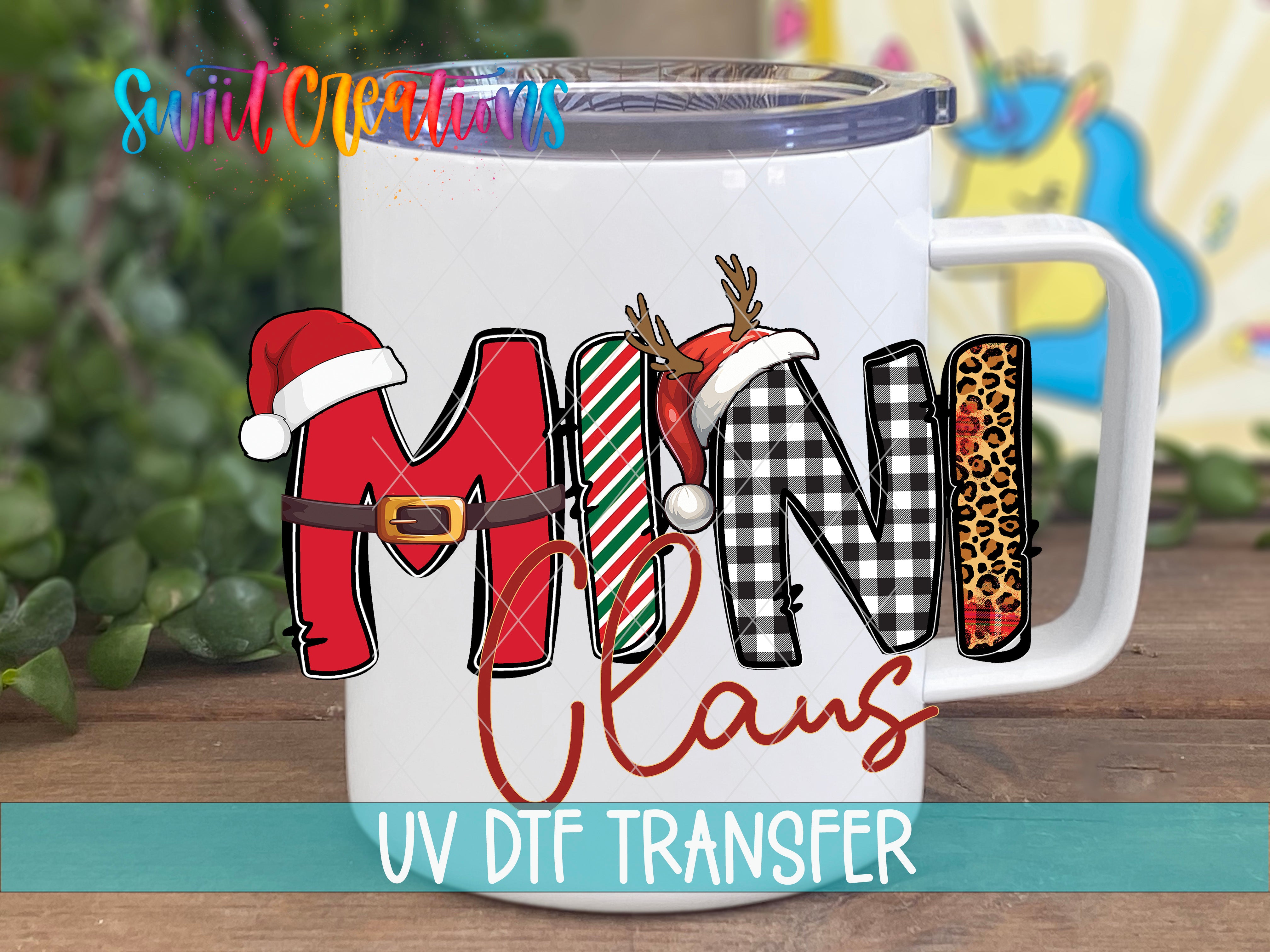 A white mug with a colorful design featuring the text "MINI CLANS" and various holiday-themed elements such as a Santa hat, reindeer, and leopard print.