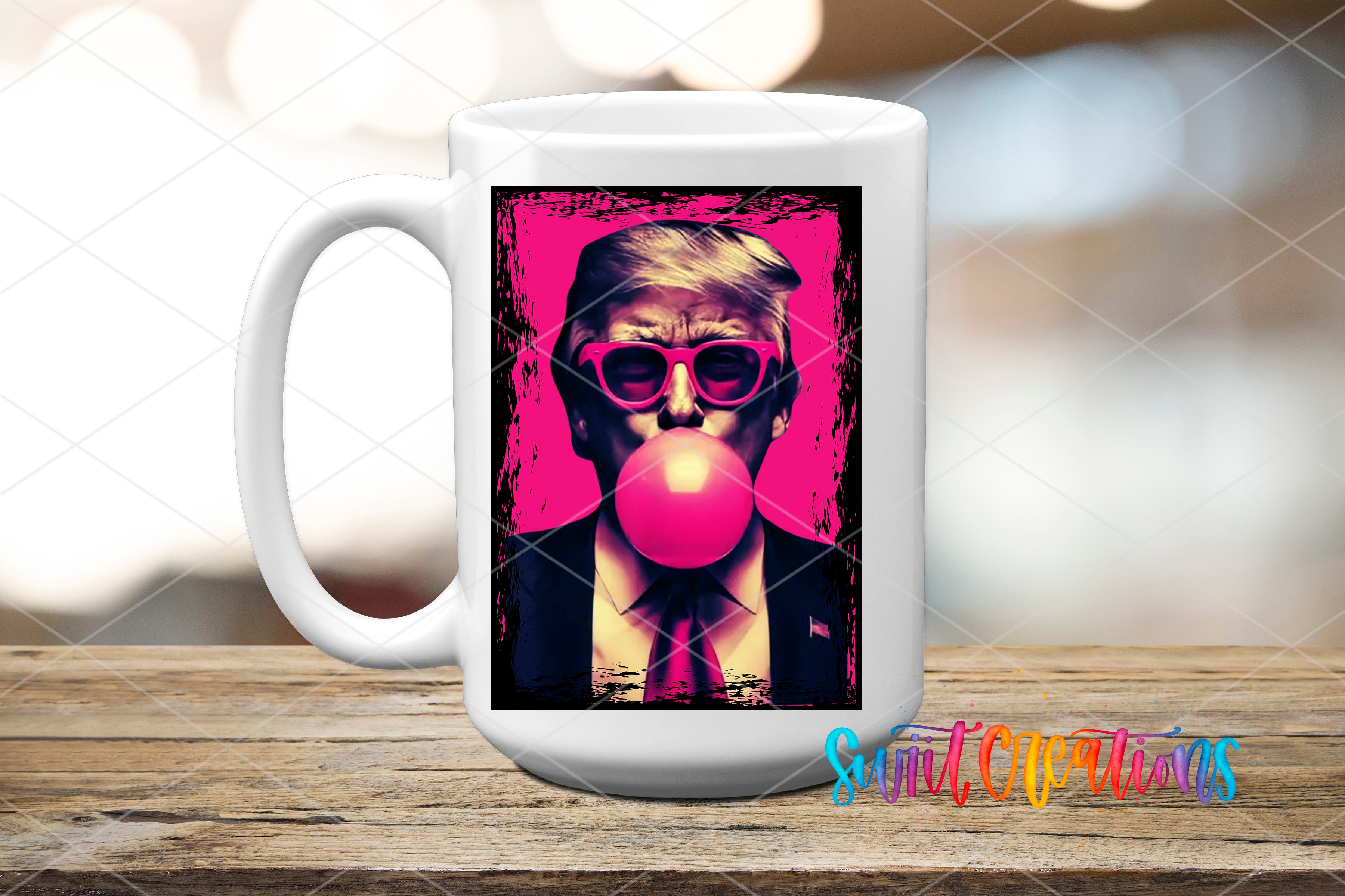A white ceramic mug with a vibrant graphic design featuring a man blowing a bubble with a pink bubblegum bubble.