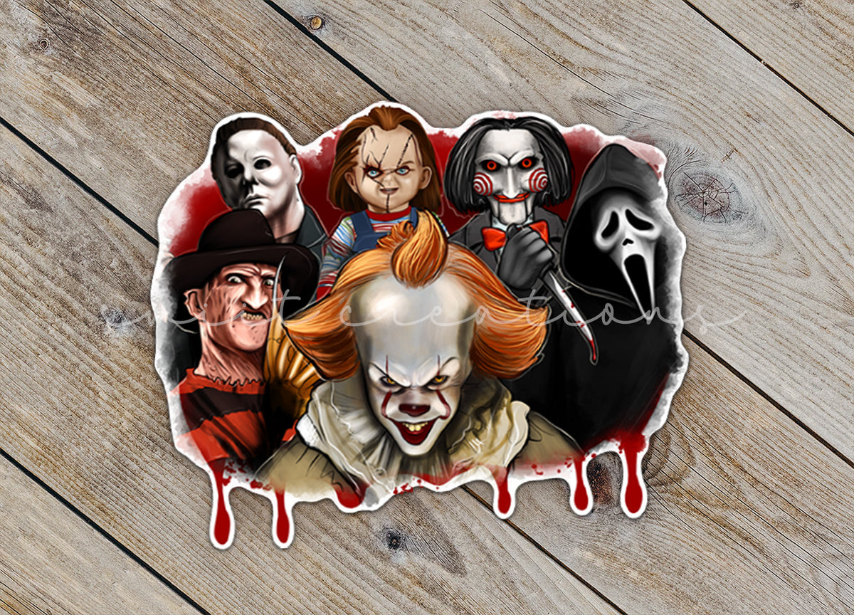 a picture of a group of clowns on a wooden surface