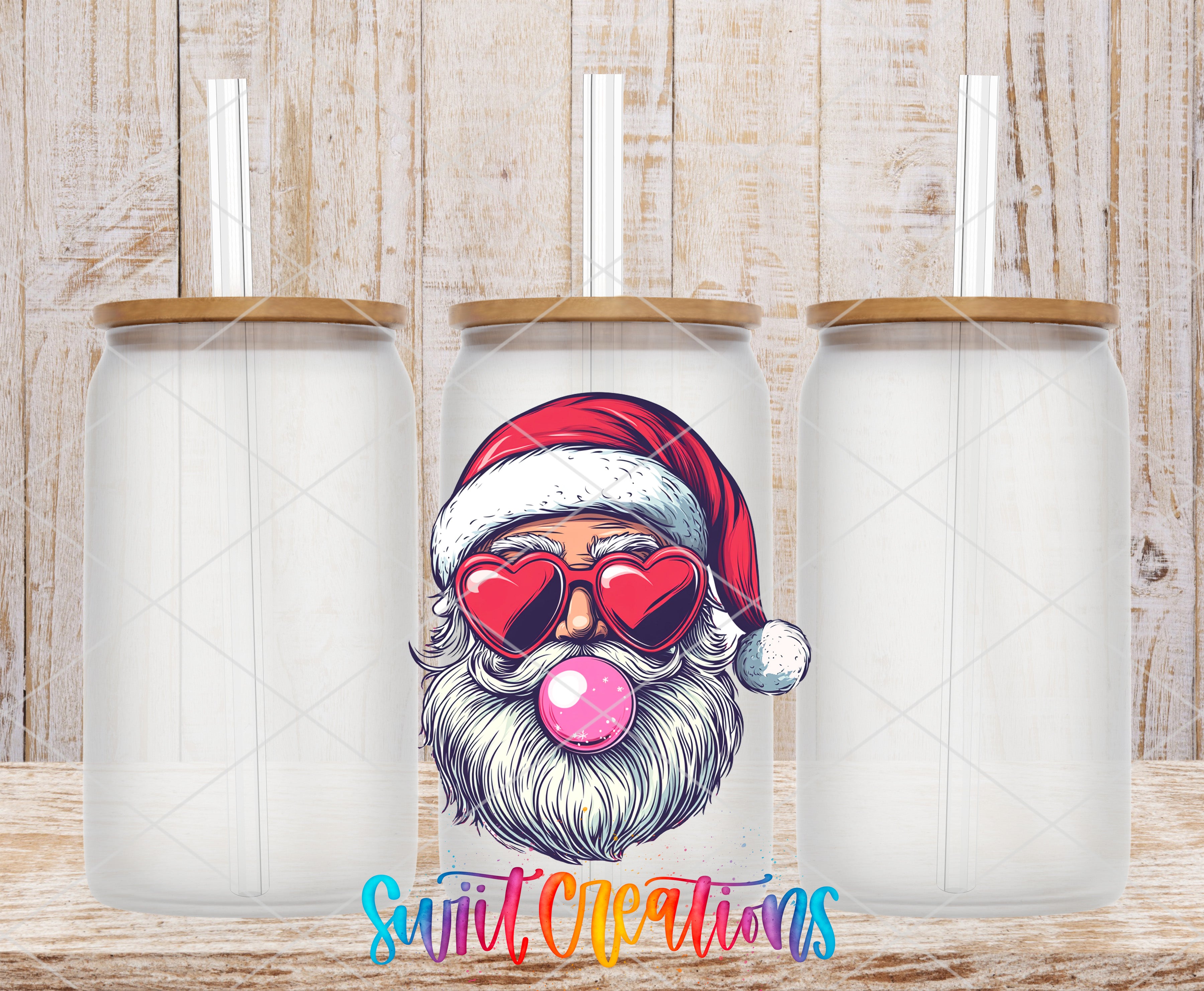 A 3D rendering of a Santa Claus-themed glass with a bubble gum bubble and heart-shaped sunglasses, placed between two empty glass jars.