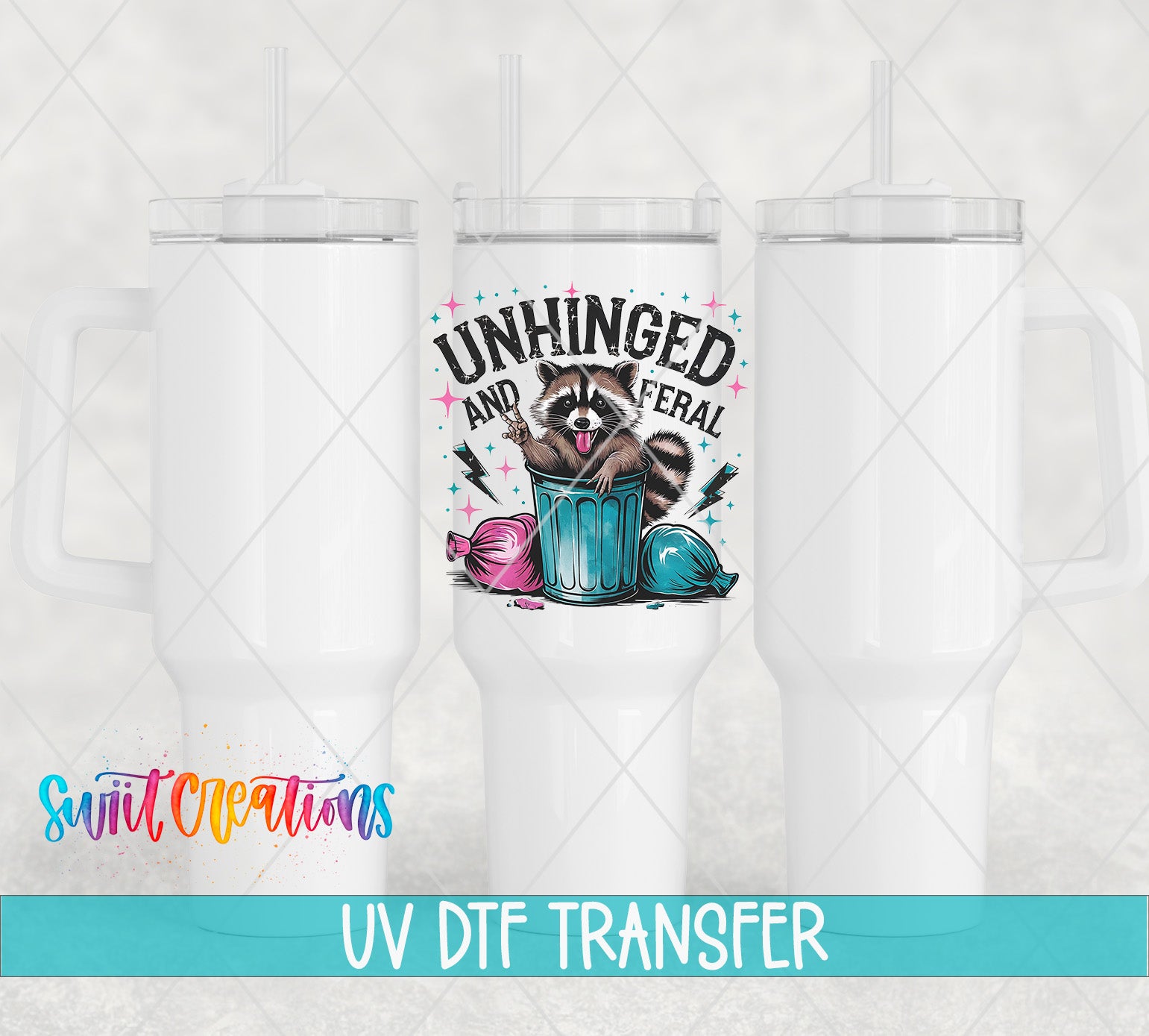 a white ceramic mug with a colorful graphic design on it, including a raccoon and various other elements. The mug is placed against a light background, and there is text at the bottom of the image that reads "UV Dtf Transfer".