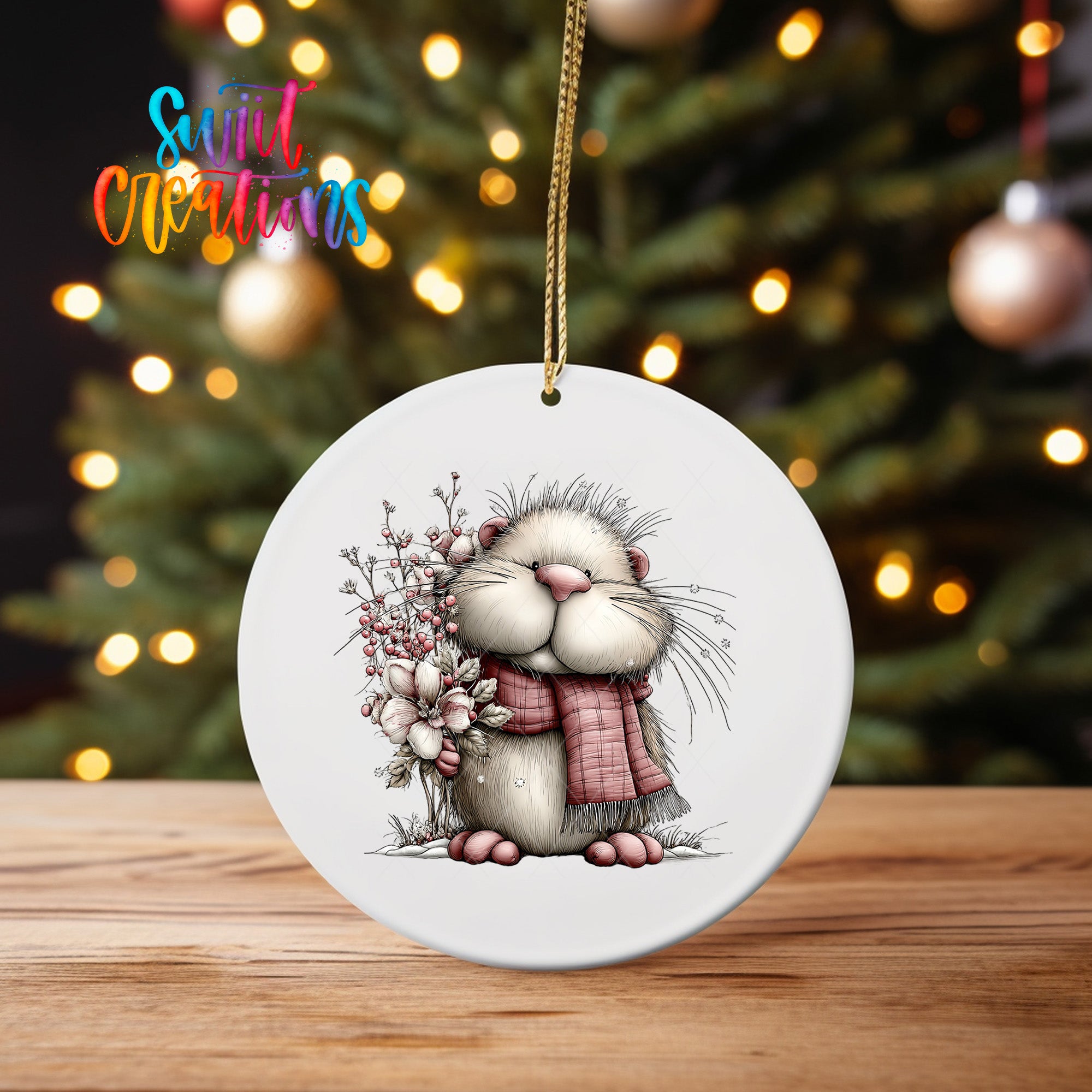A white ceramic ornament featuring a cute cartoon rabbit holding a flower and wearing a red scarf, placed on a wooden surface in front of a blurred Christmas tree with twinkling lights.