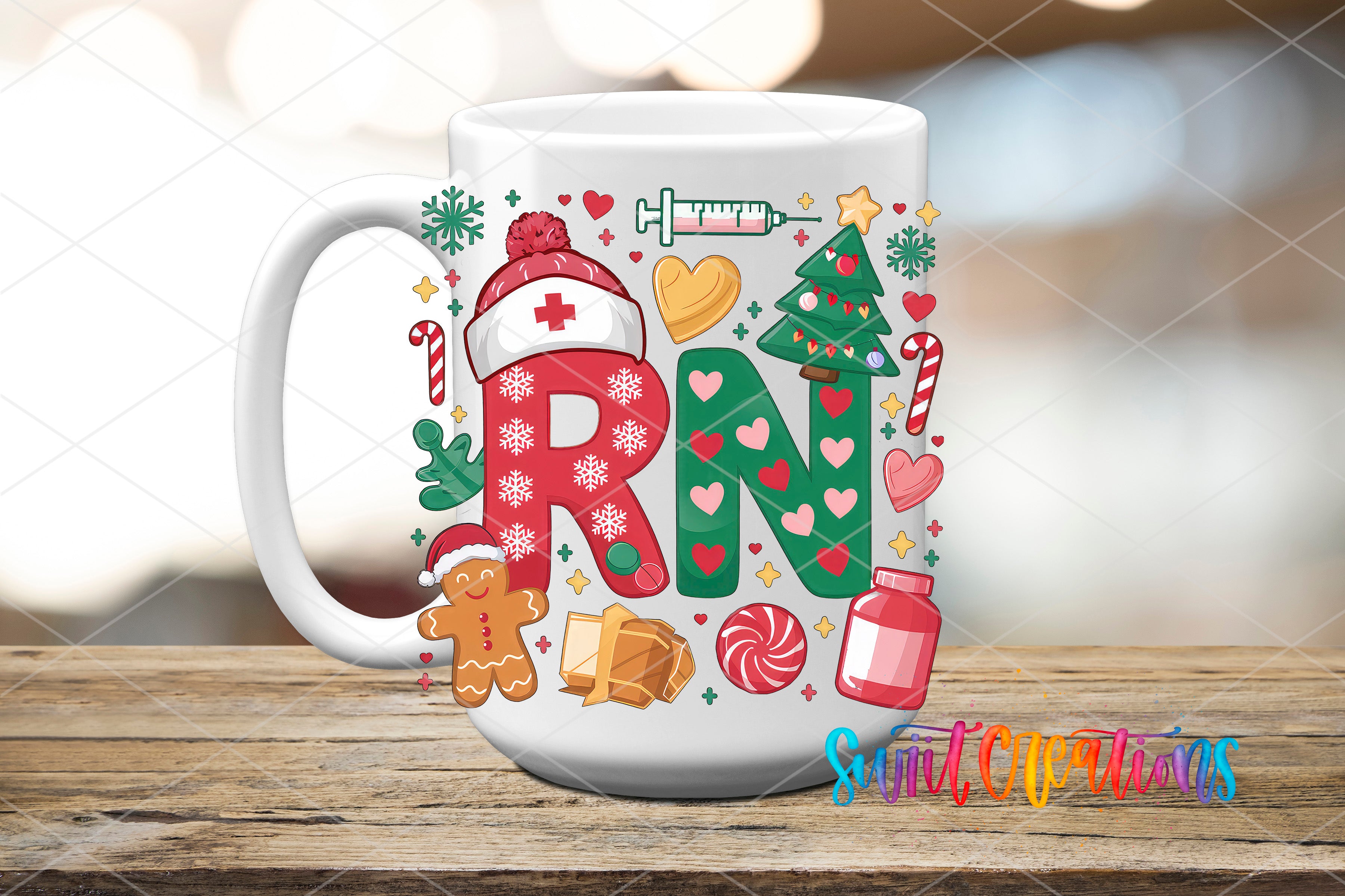 A white mug with a colorful design featuring various Christmas-themed items such as a nurse's hat, a Christmas tree, candy canes, and other festive decorations.