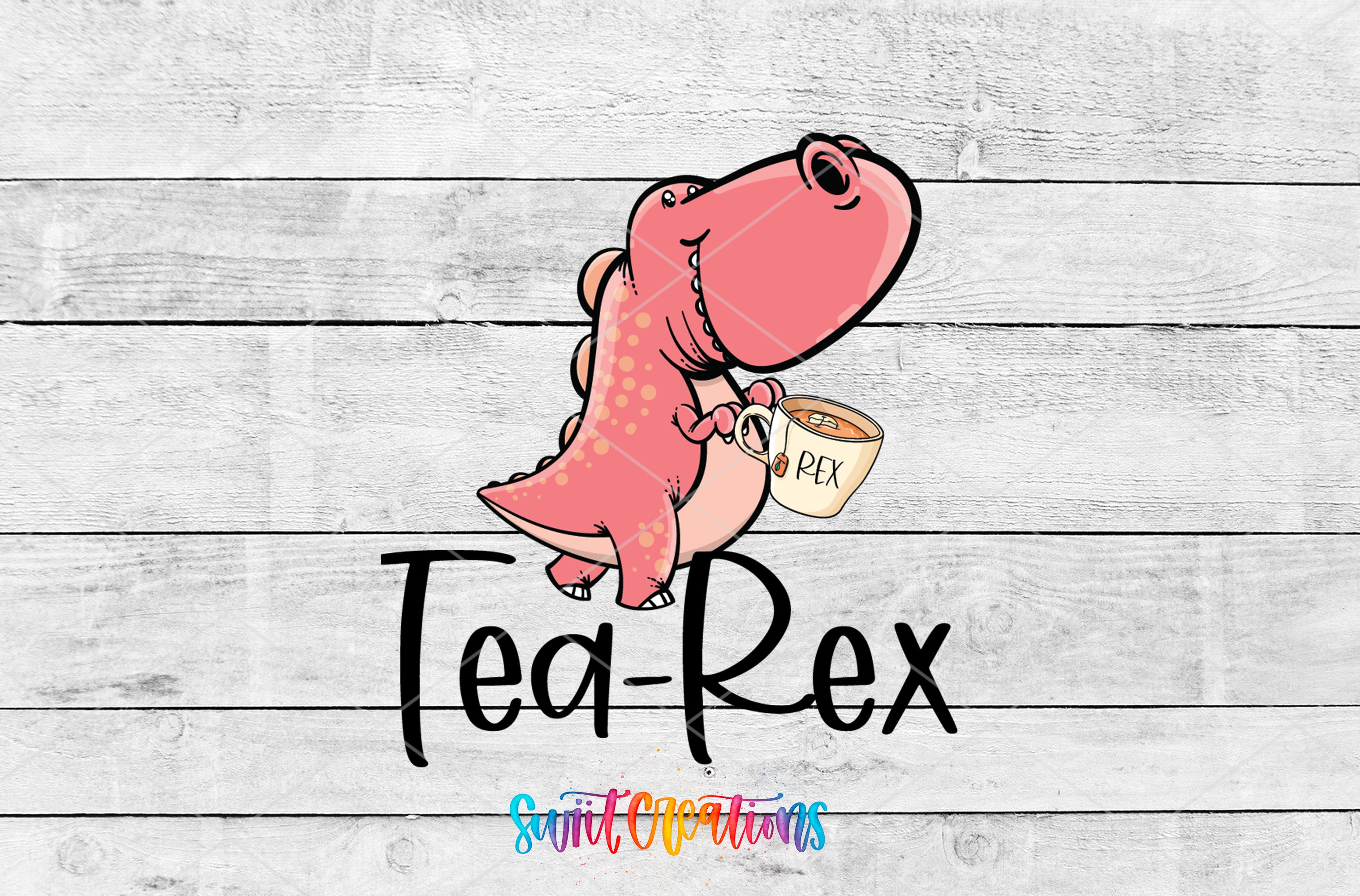 A cartoon dinosaur holding a cup with the word "Rex" written on it, standing on a wooden background with the text "Tea-Rex" below it.