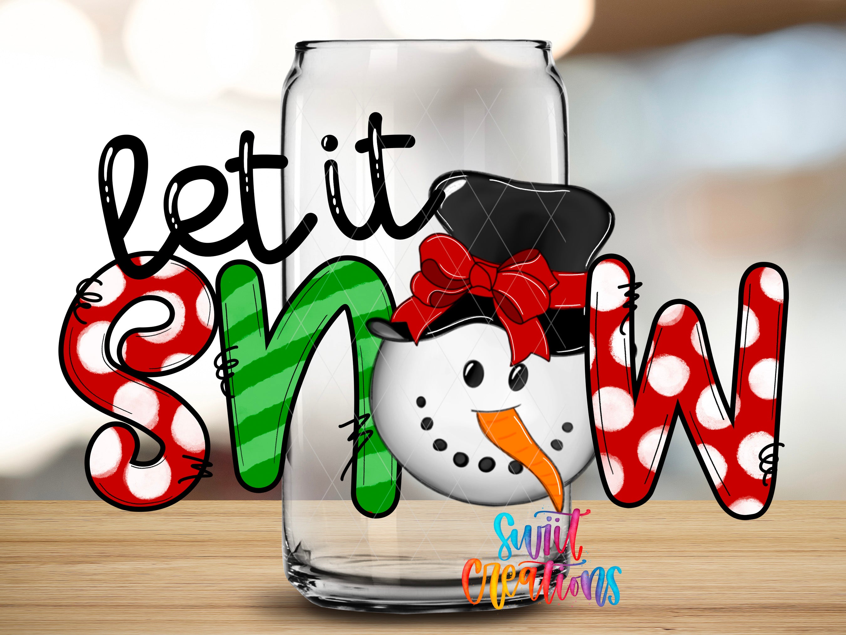 A glass jar with a snowman decoration and the text "let it snow" written on it.