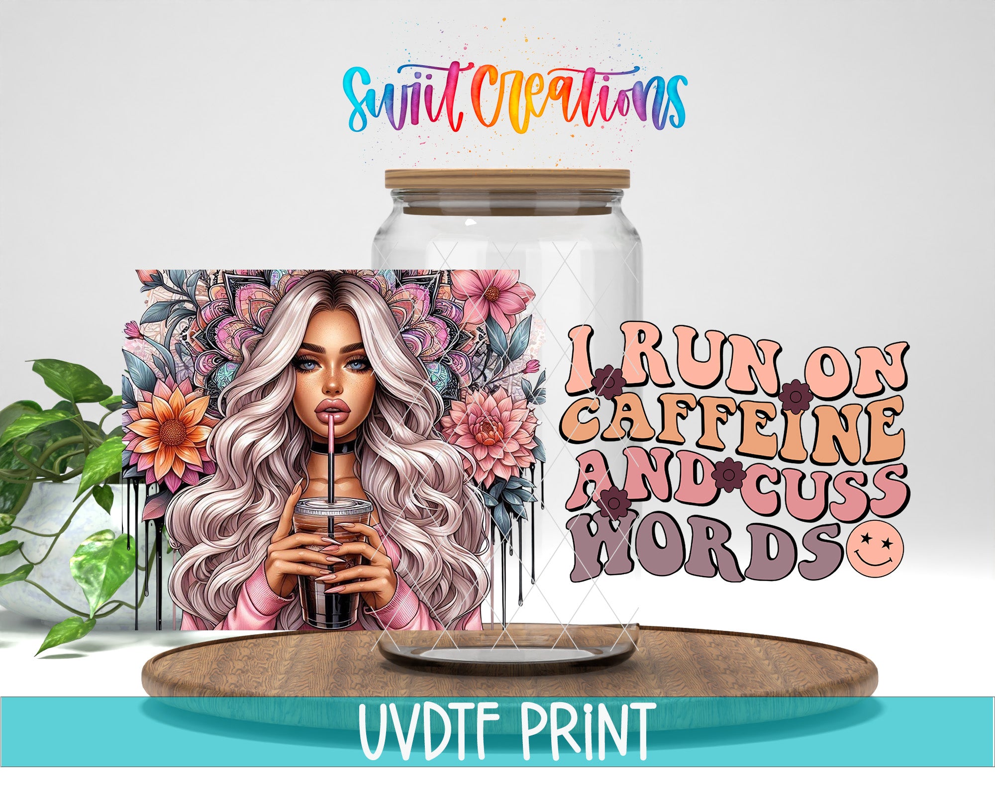 The image is a collage featuring a woman with long, wavy hair and a drink in a glass jar, along with text that reads "I run on caffeine and cuss words".