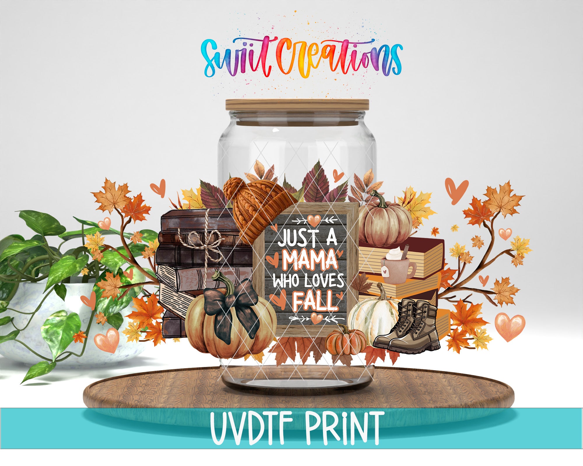 The image is a collage featuring a glass jar filled with autumn-themed items, including pumpkins, leaves, and books, along with a sign that says "Just a MAMA who loves FALL".