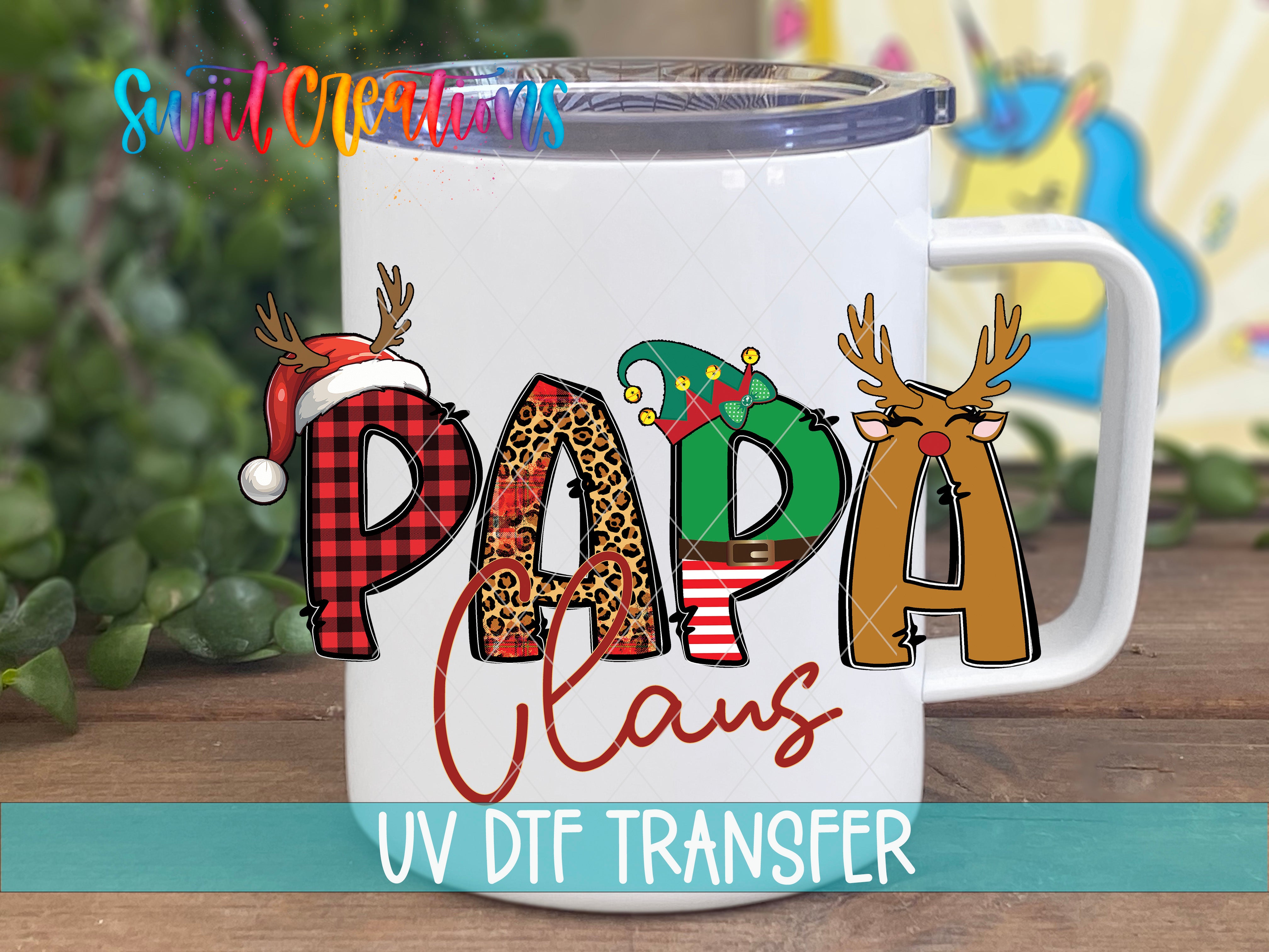A white mug with a colorful design featuring the letters "PAPA" and "CLANS" along with various holiday-themed elements such as reindeer and snowflakes.