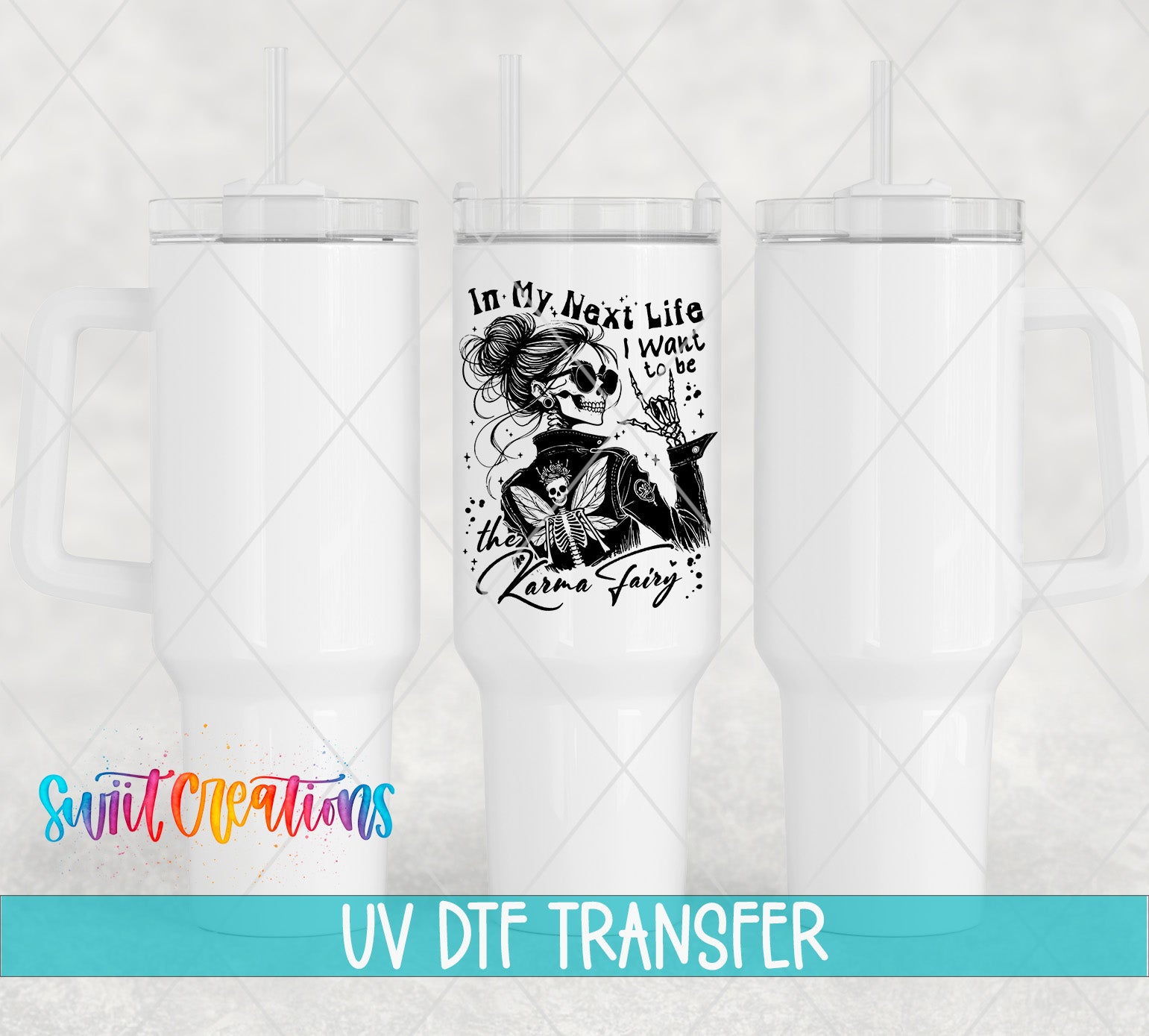 a white ceramic mug with a black and white illustration of a skeleton wearing a dress and holding a butterfly. The mug has a handle on the left side and a straw on the right side. The mug is set against a light gray background, and there is text at the bottom of the image that reads "UV DFT TRANSFER".