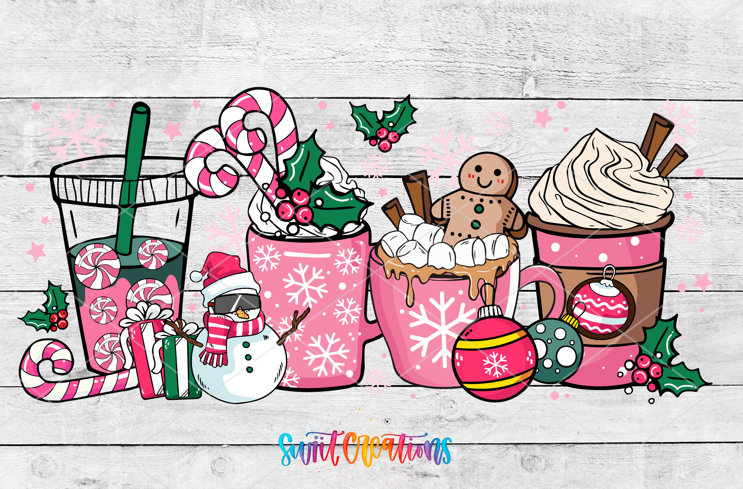 A festive scene with various holiday-themed items, including a snowman, gingerbread man, hot chocolate, candy canes, and ornaments, all set against a white wooden background.