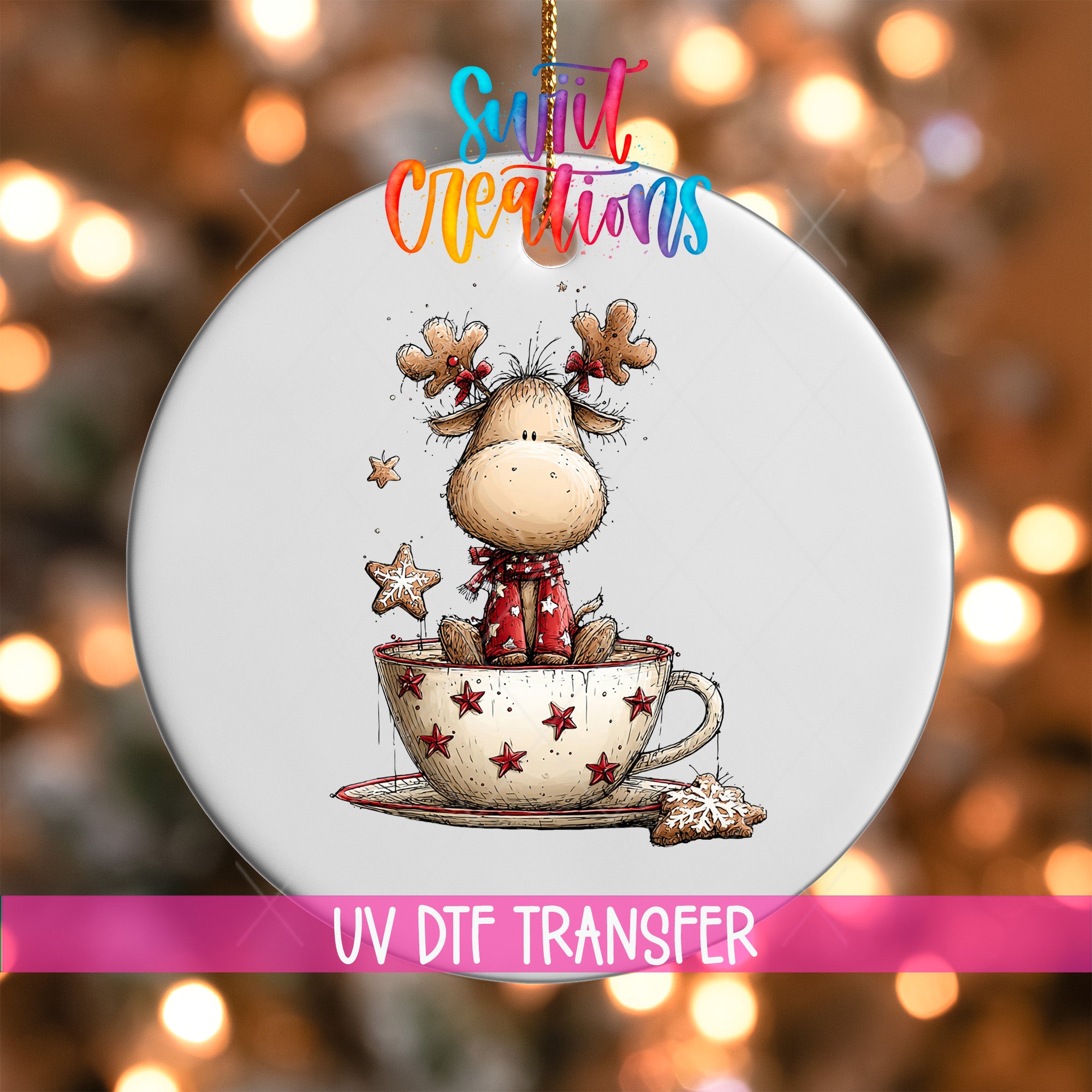 A ceramic ornament featuring a cartoon reindeer sitting in a cup with stars, surrounded by a festive background with twinkling lights.