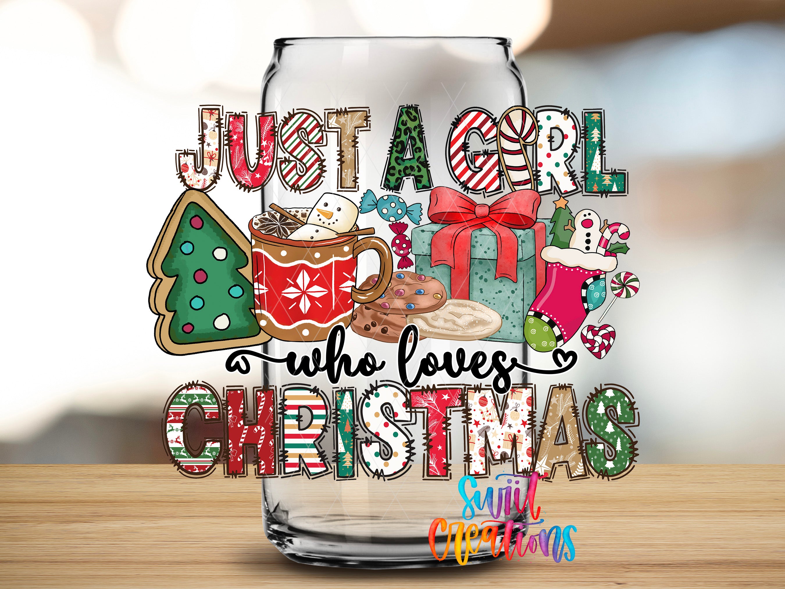A glass jar with a festive Christmas-themed design on it, featuring various holiday-related items such as a Christmas tree, cookies, and a gift box.