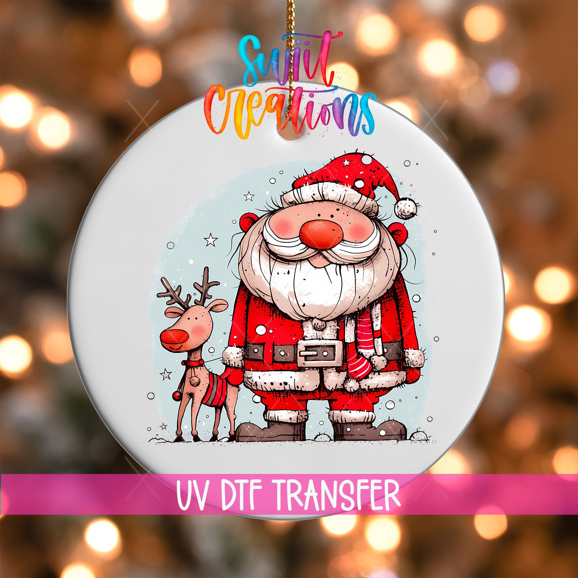 A round ornament featuring a cartoon illustration of Santa Claus and a reindeer, with the text "UV Dtf Transfer" below the image.