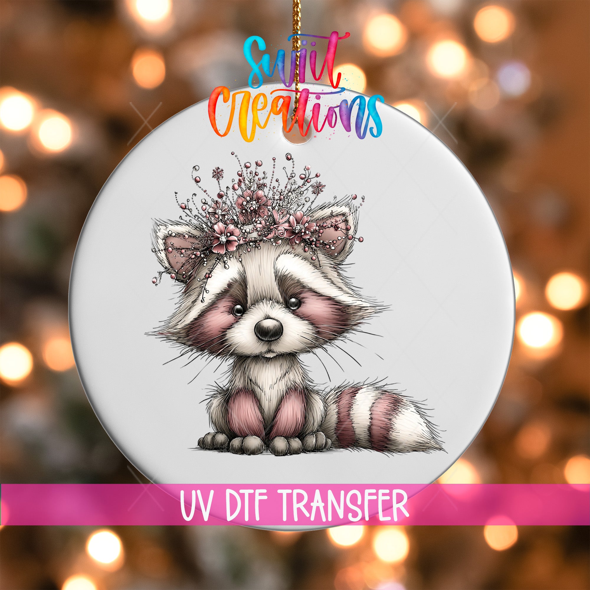 A ceramic ornament featuring a cute raccoon wearing a flower crown, with the text "Sweet Creations" and "UV Dtf Transfer" printed on it.