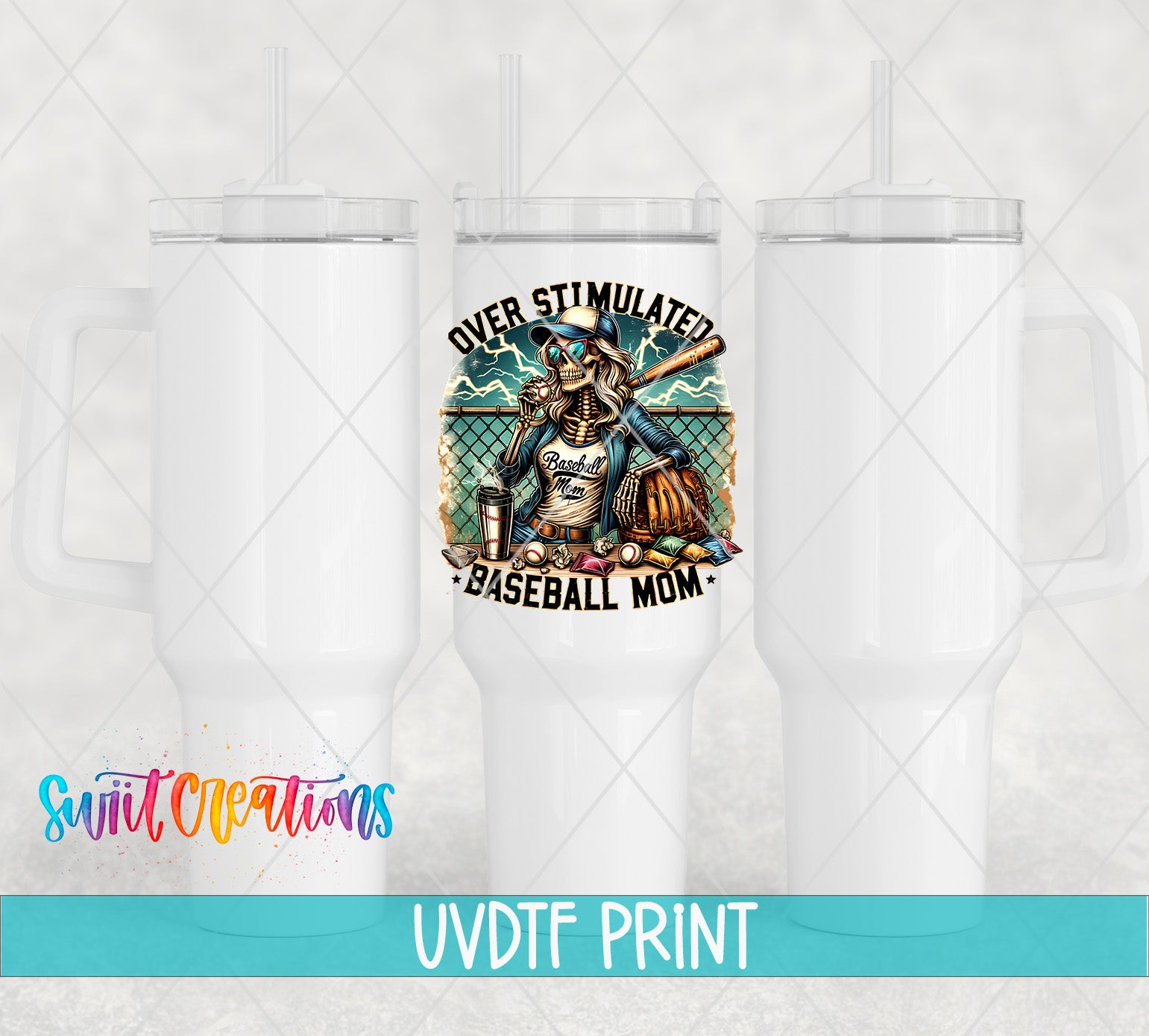 a white tumbler with a printed design on it, including a baseball player and the text "OVER STIMULATED - BASEBALL MOM".