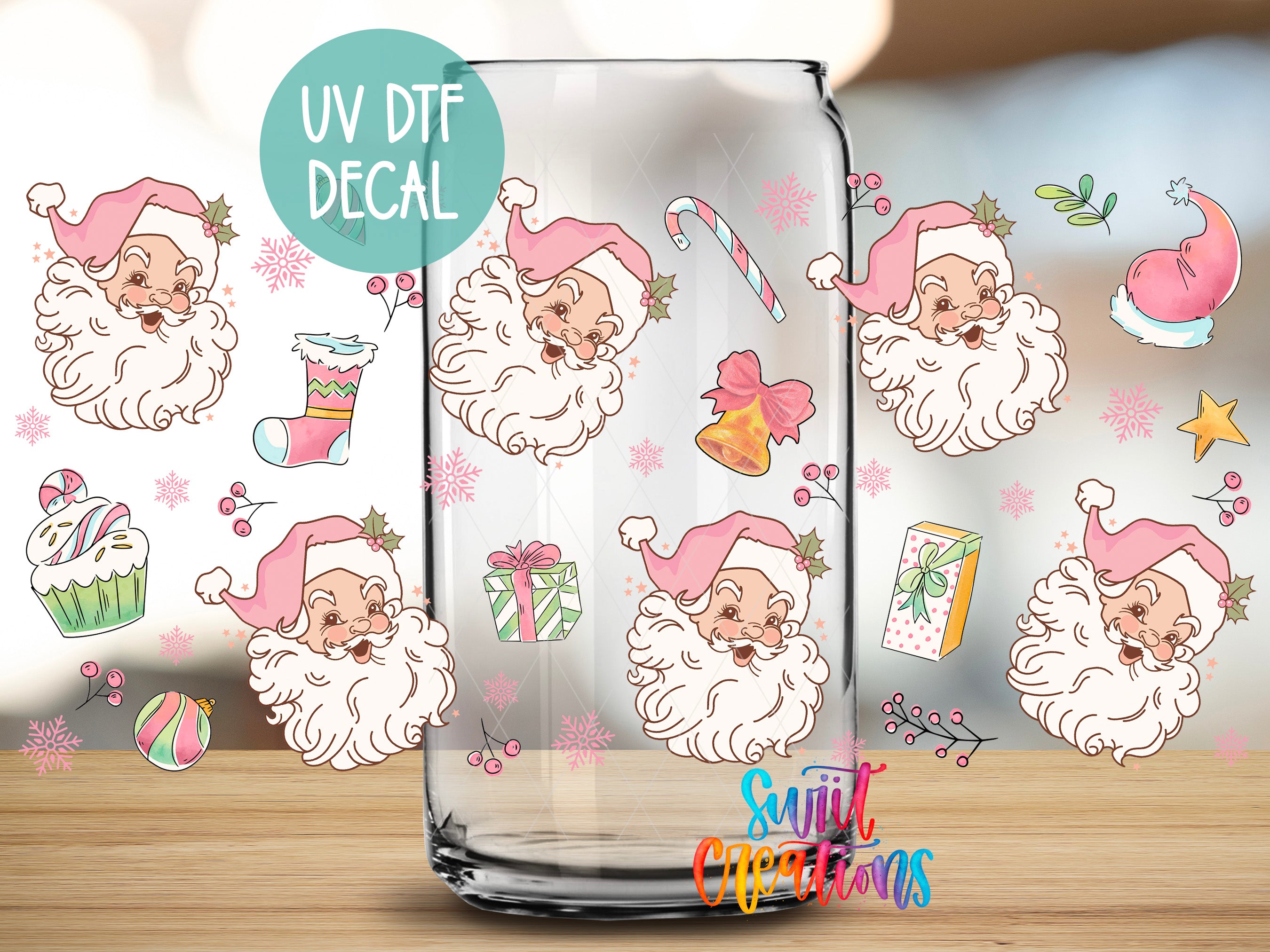 a glass jar with a collection of Christmas-themed stickers and illustrations, including Santa Claus, presents, and other festive elements.